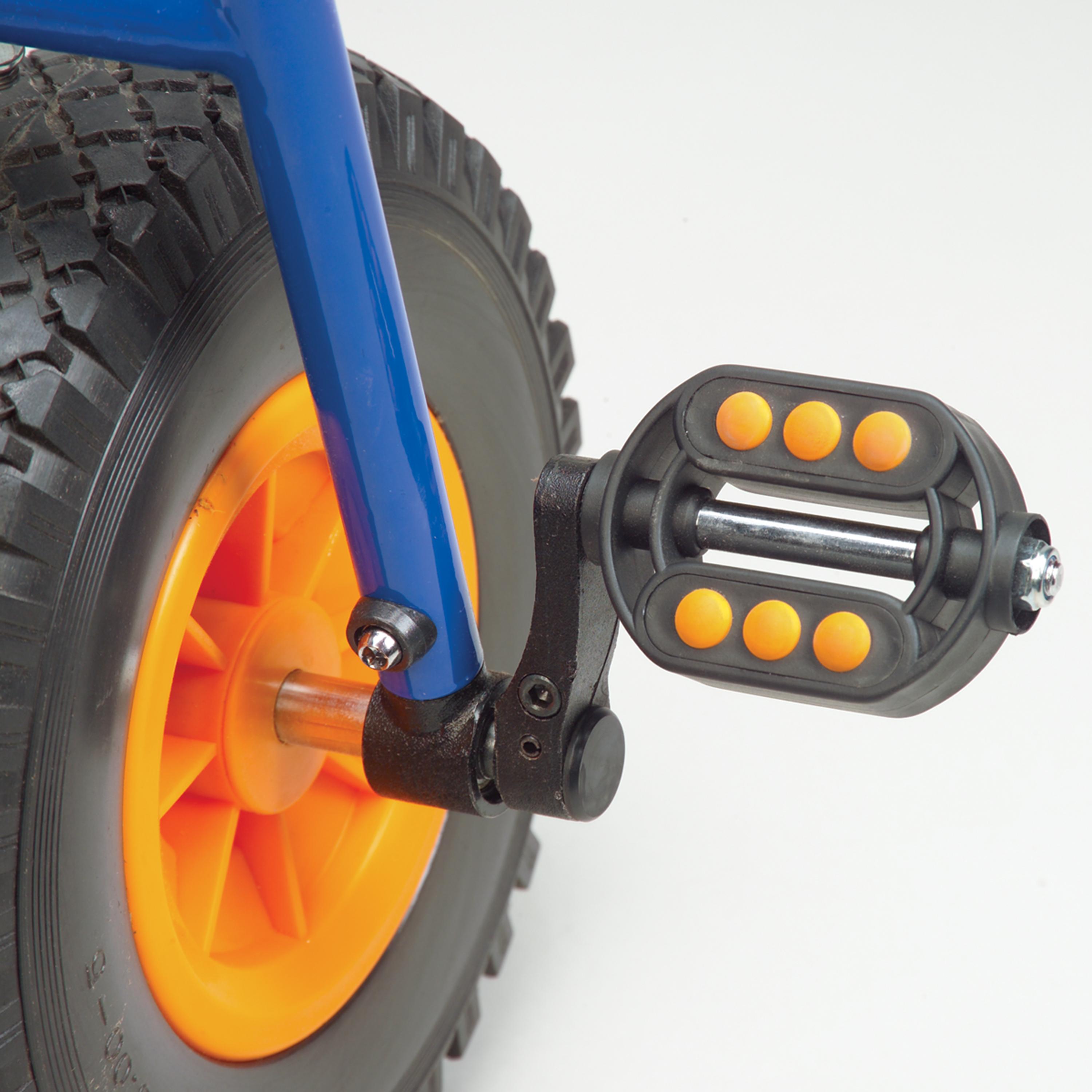 Close-up of a bicycle pedal with orange accents on a white background