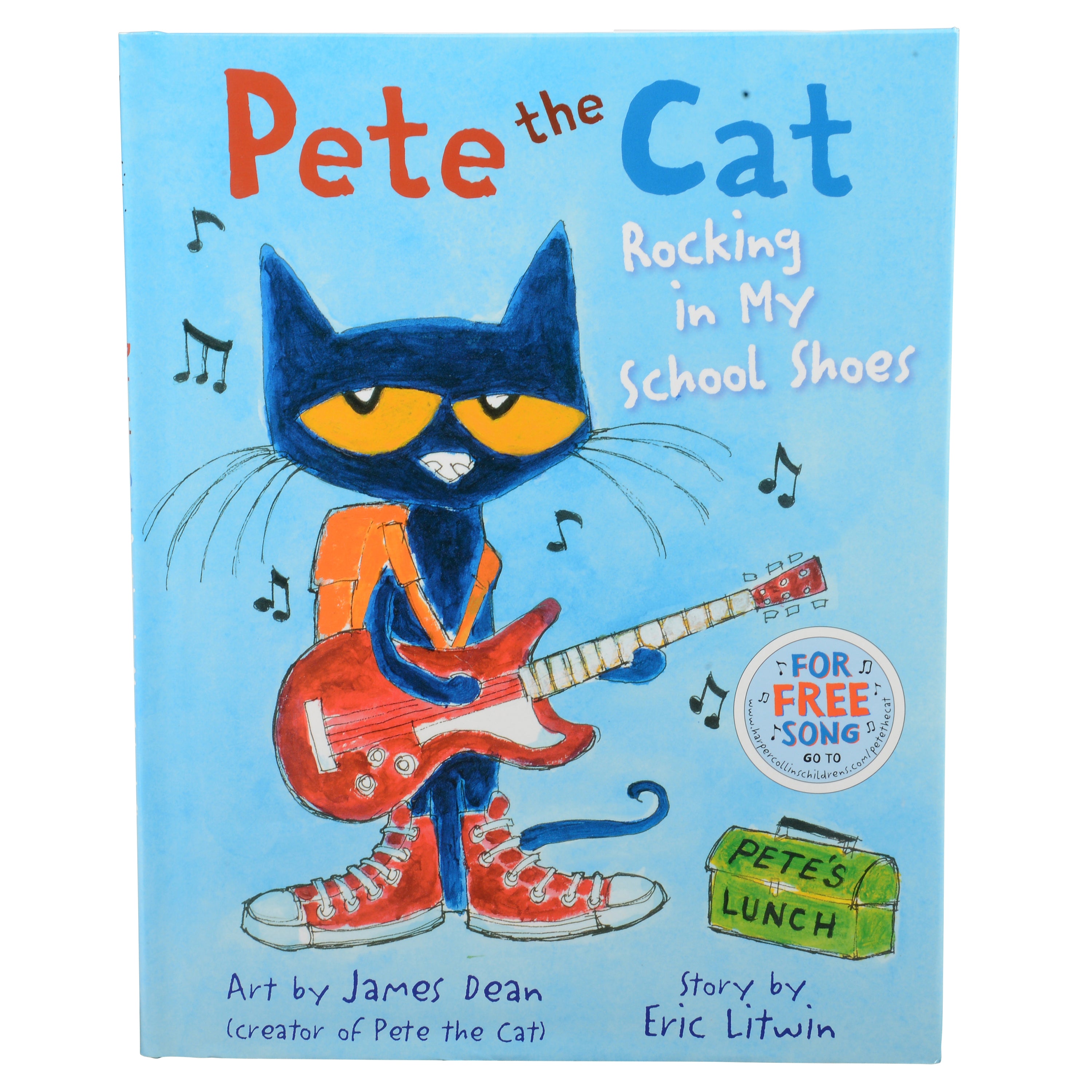 Book cover of 'Pete the Cat: Rocking in My School Shoes' with a blue cat character playing guitar.