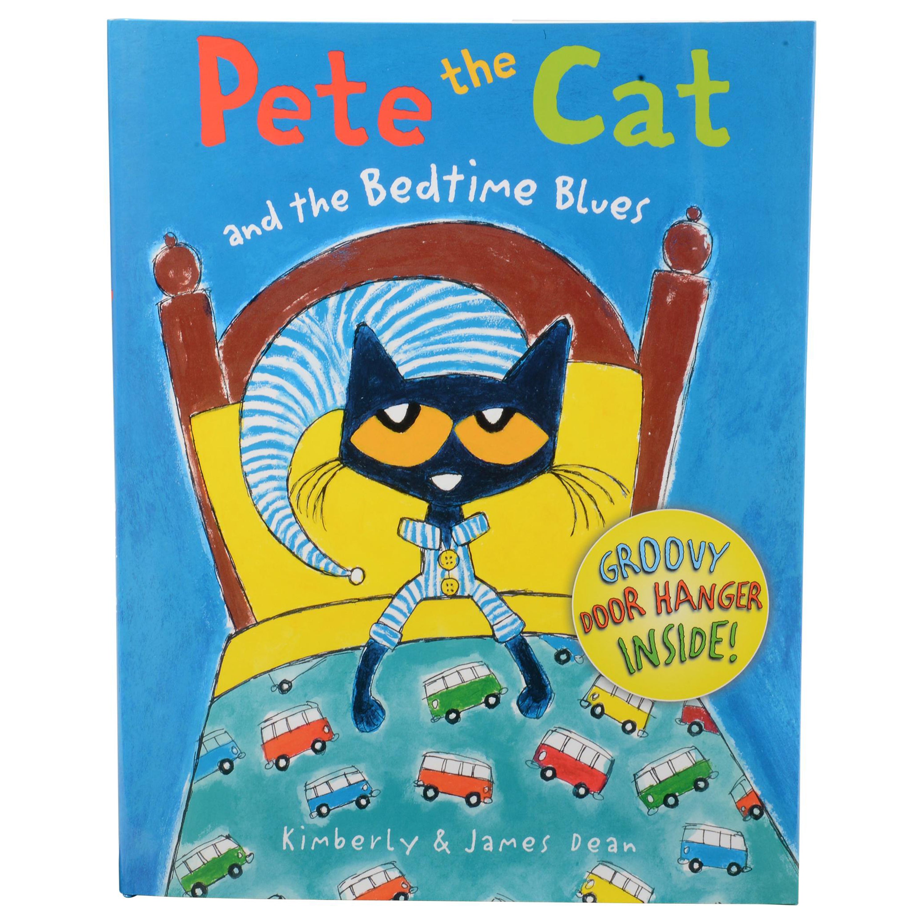 Book cover of 'Pete the Cat and the Bedtime Blues' with a cat character on a blue background.