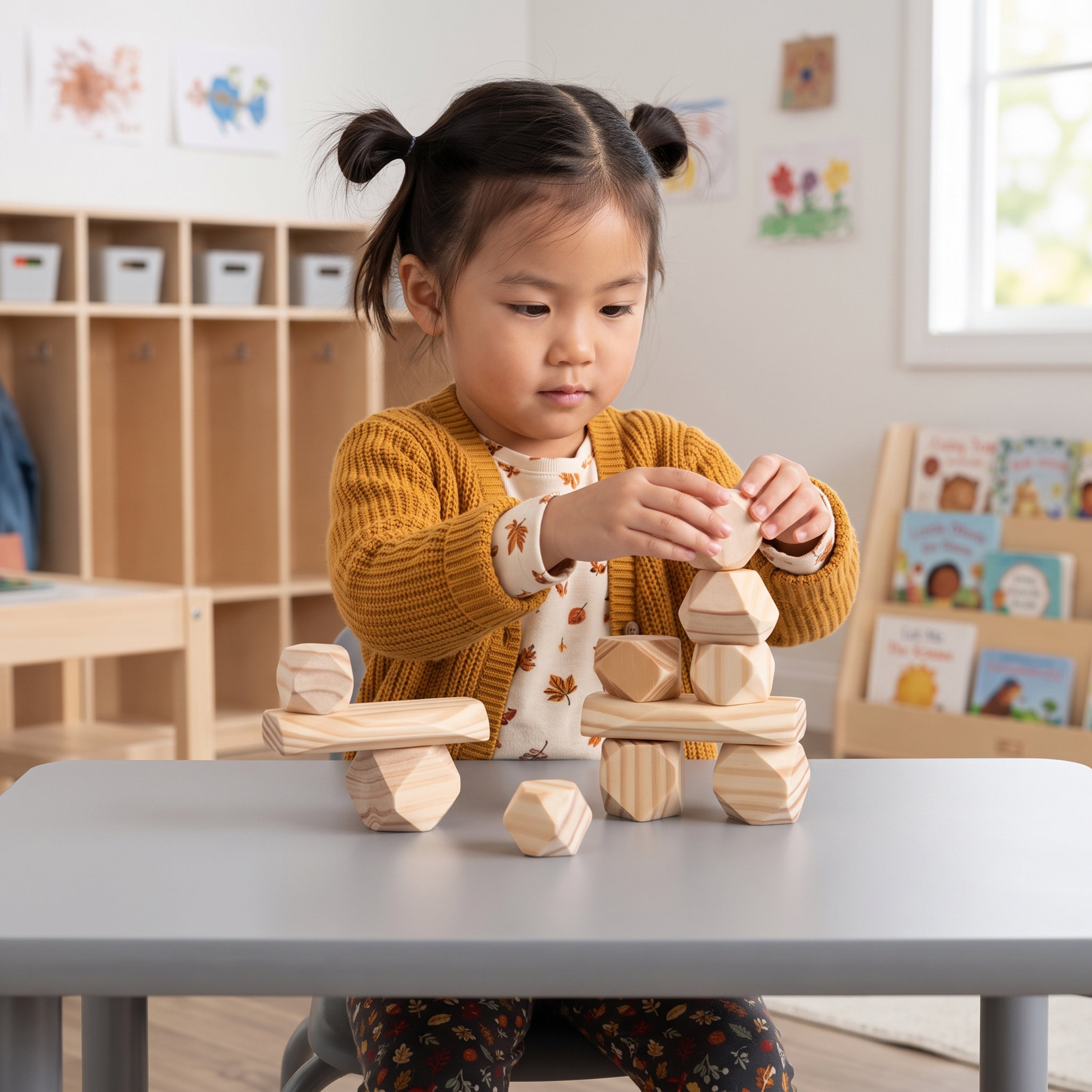 A young child with two buns of hair sits at a gray table, building a wooden block tower in a bright, modern classroom. The child is wearing a mustard yellow cardigan over a white patterned shirt.
