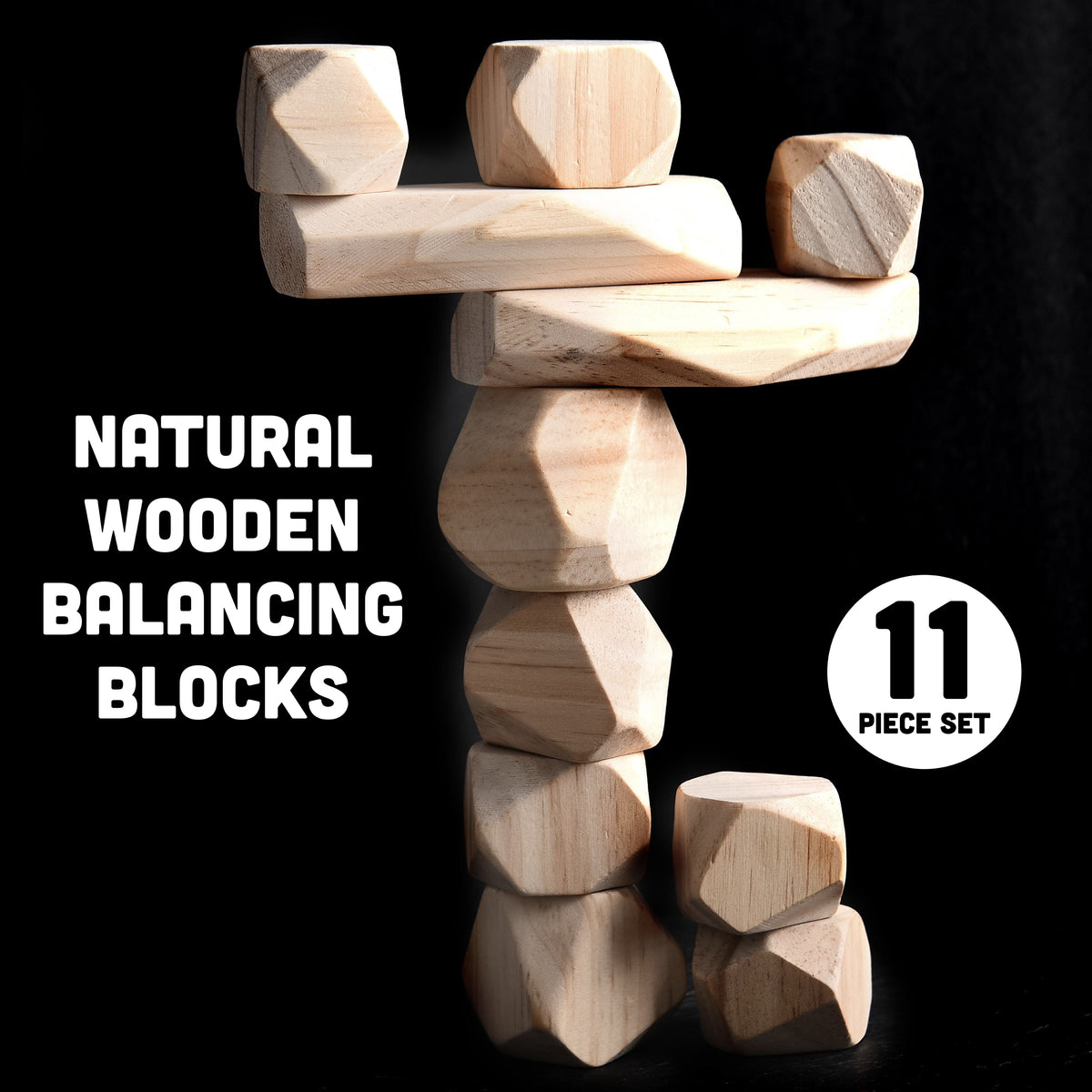 Info graph of 11 piece set of wooden balancing blocks