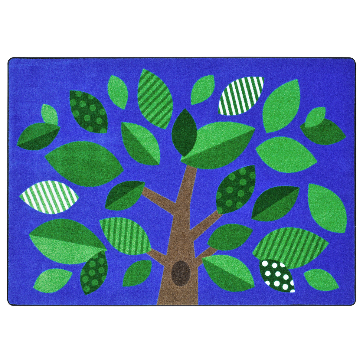 A rectangular area rug featuring a stylized tree design with green leaves of various patterns on a vibrant blue background.