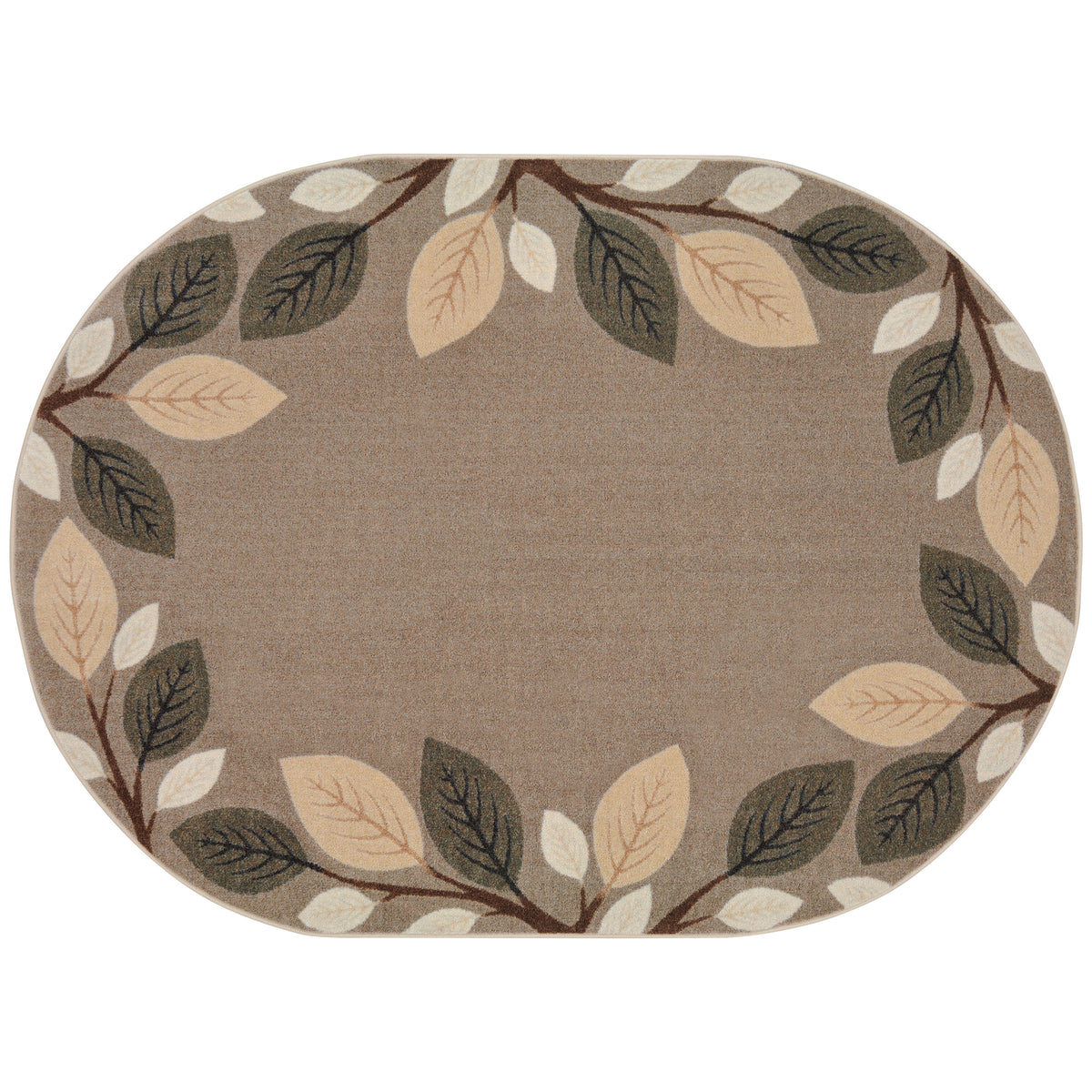 An oval area rug with a solid taupe center and a decorative border of leafy branches in brown, olive green, beige, and cream, shown flat against a white background.
