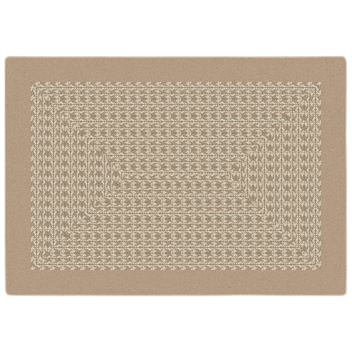 A rectangular woven area rug with a solid tan border and a textured cream geometric pattern in the center, shown flat against a white background.