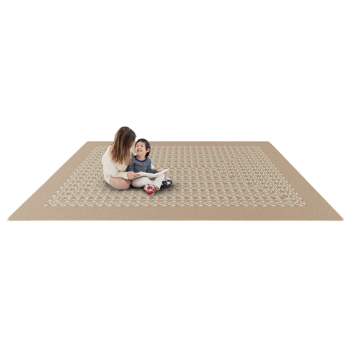 A large rectangular beige play mat with a textured geometric pattern, shown on a white background with a woman and a child sitting on it.