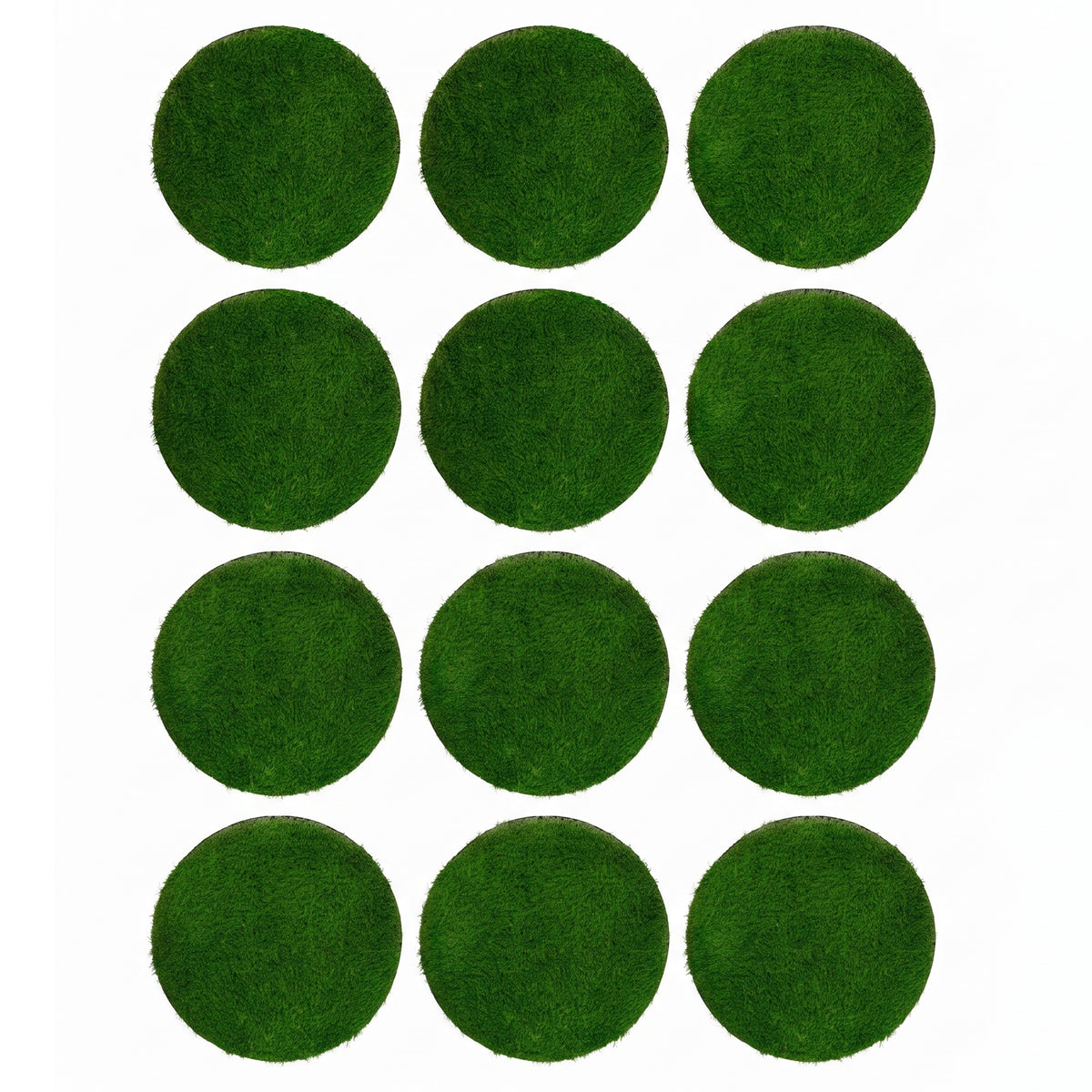 Twelve round green artificial grass turf pads arranged in a grid of four rows and three columns on a plain white background.