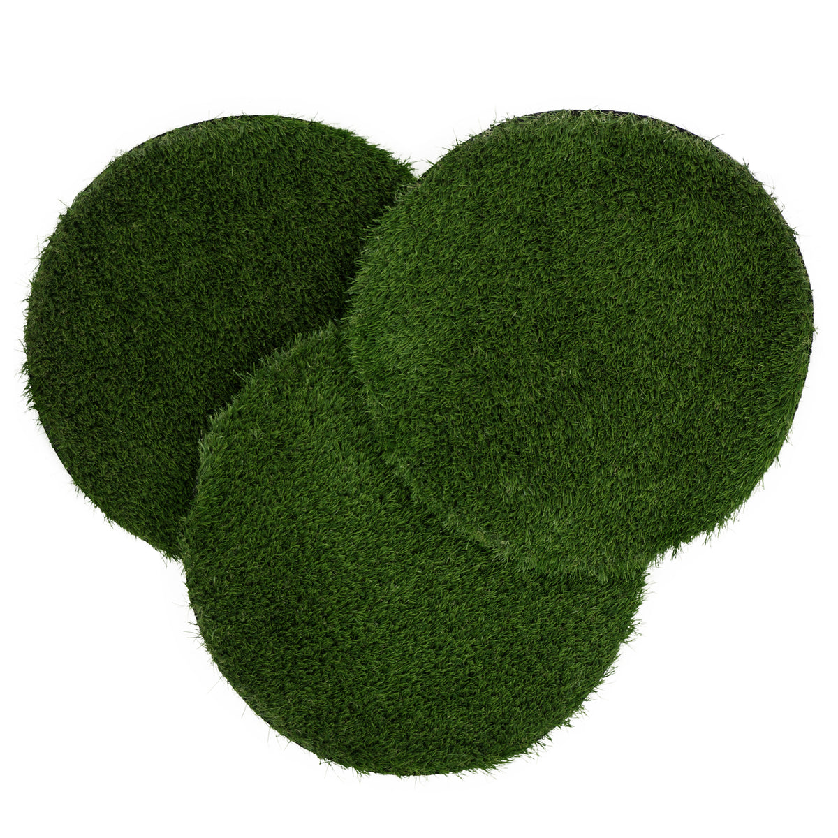 Three round green moss-covered cushions or seat pads arranged overlapping on a plain white background.