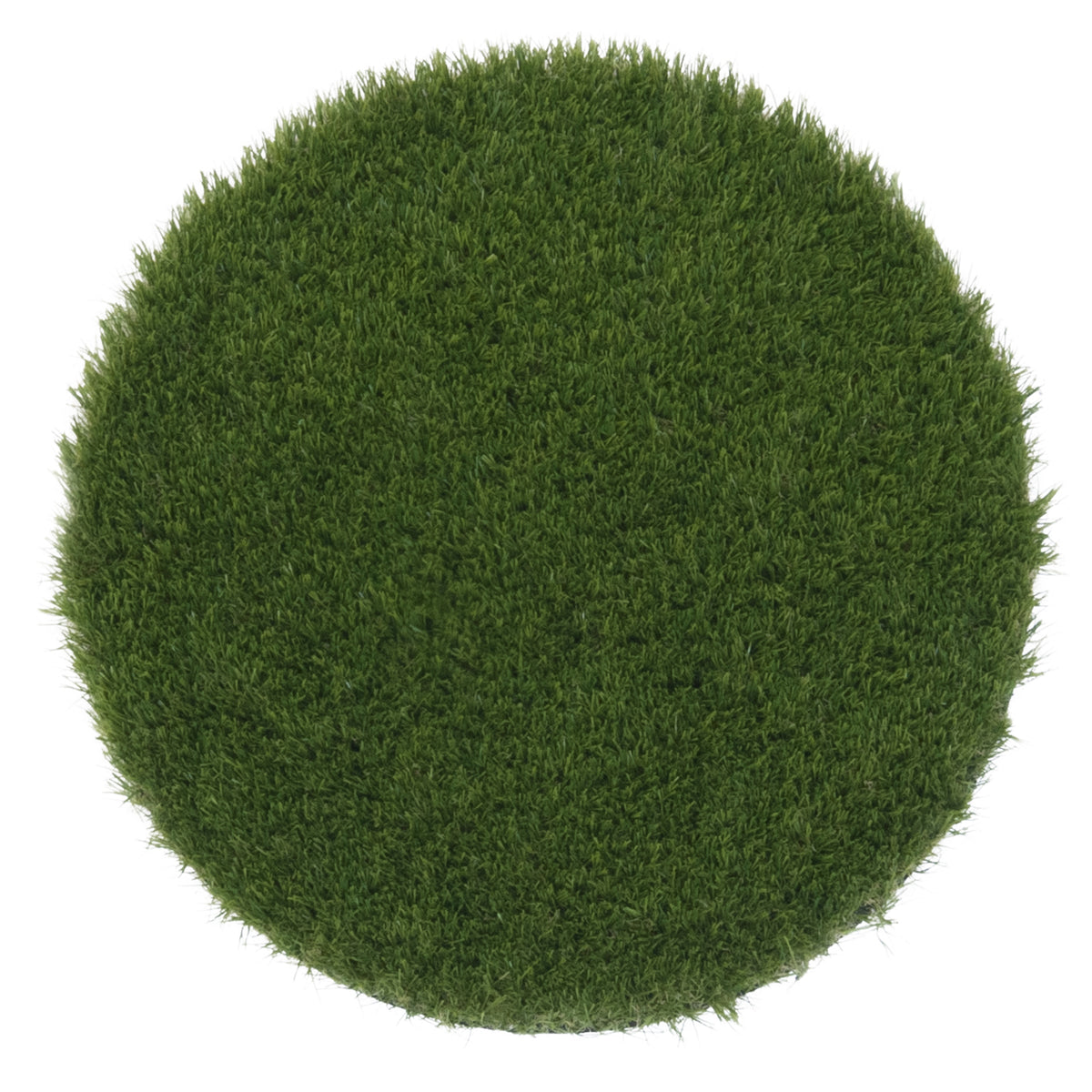 A round green artificial turf or grass rug with a realistic tufted texture, shown from a top-down view on a solid white background.