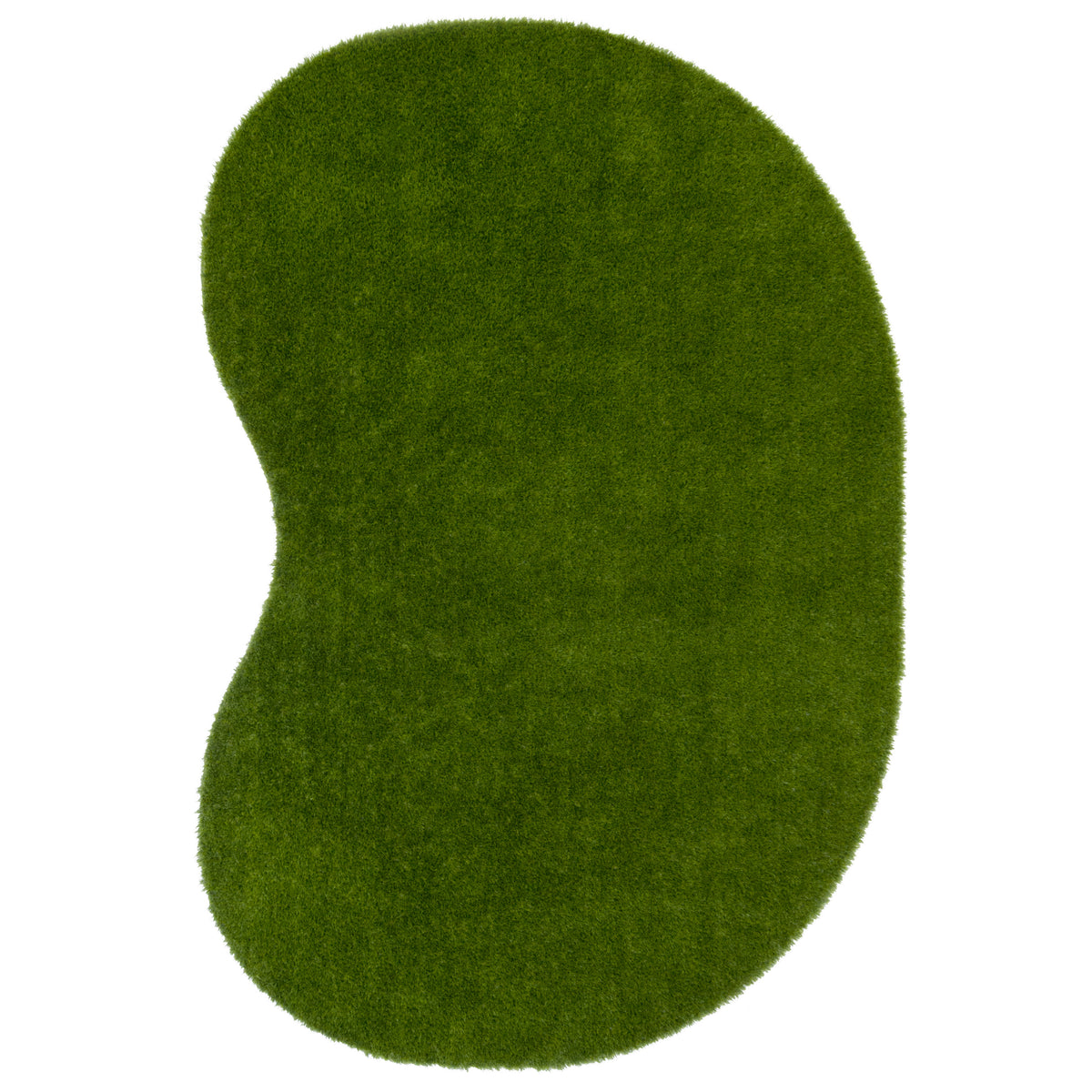 An organic-shaped green shag rug with a plush, grass-like texture, isolated on a solid white background.