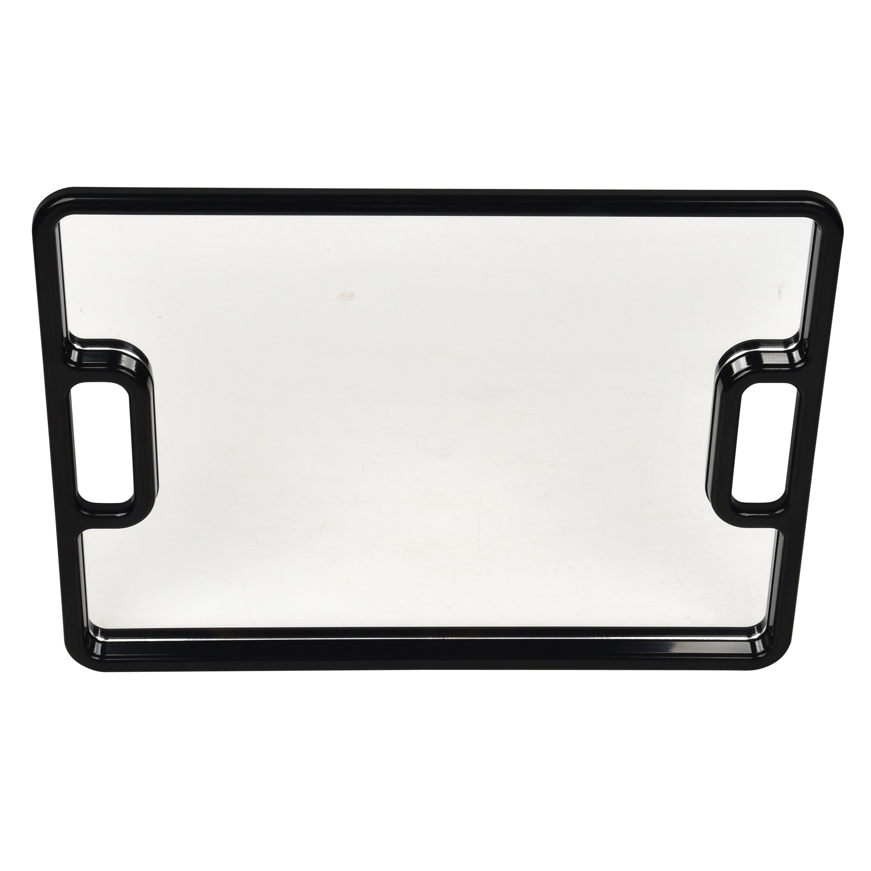 Rectangular glass tray with black metal handles on a white background