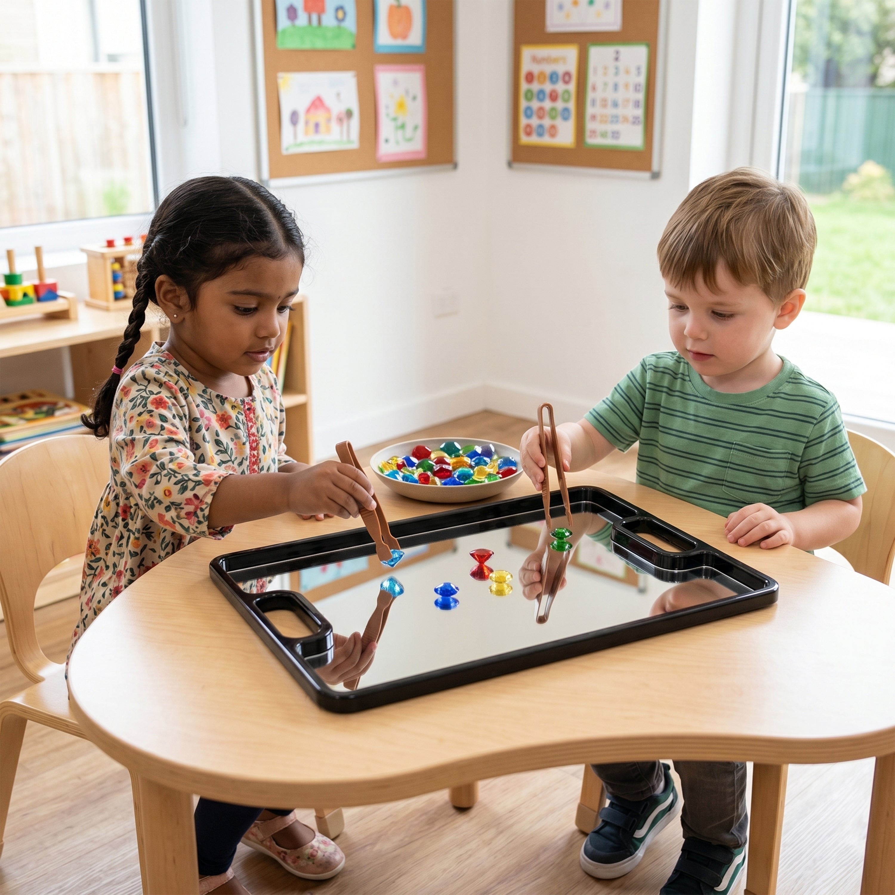 Two children playing with colorful magnetic toys on a tray at a table.