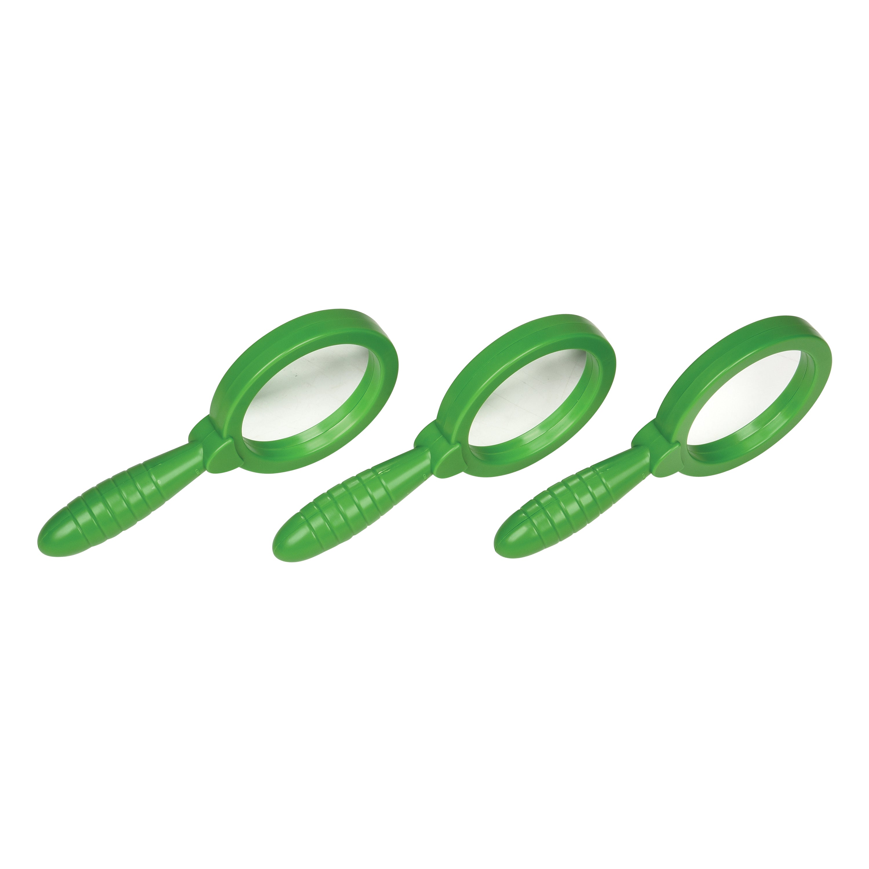 Three green plastic tools with white centers on a white background