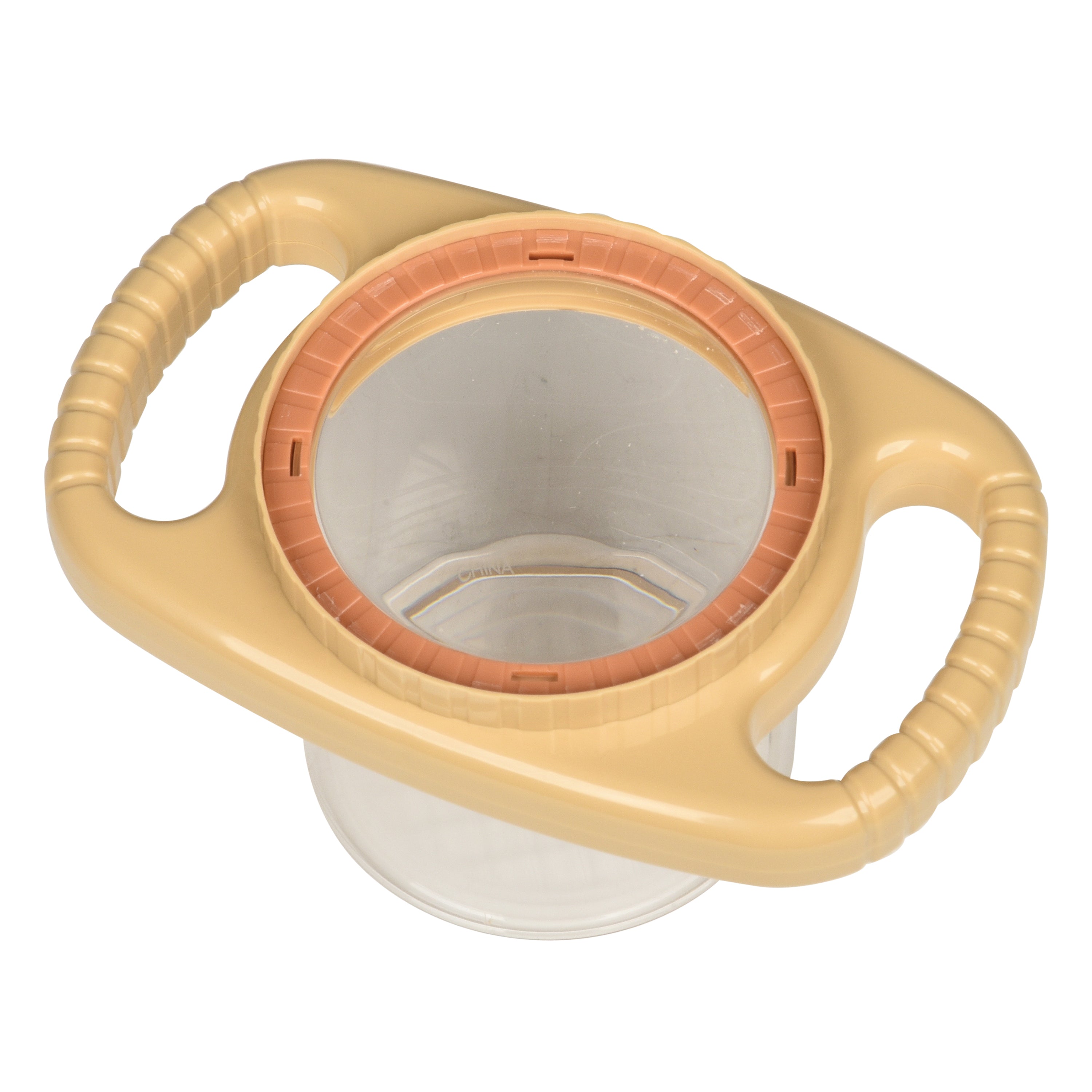 Beige and brown plastic magnifier with handles on a white background