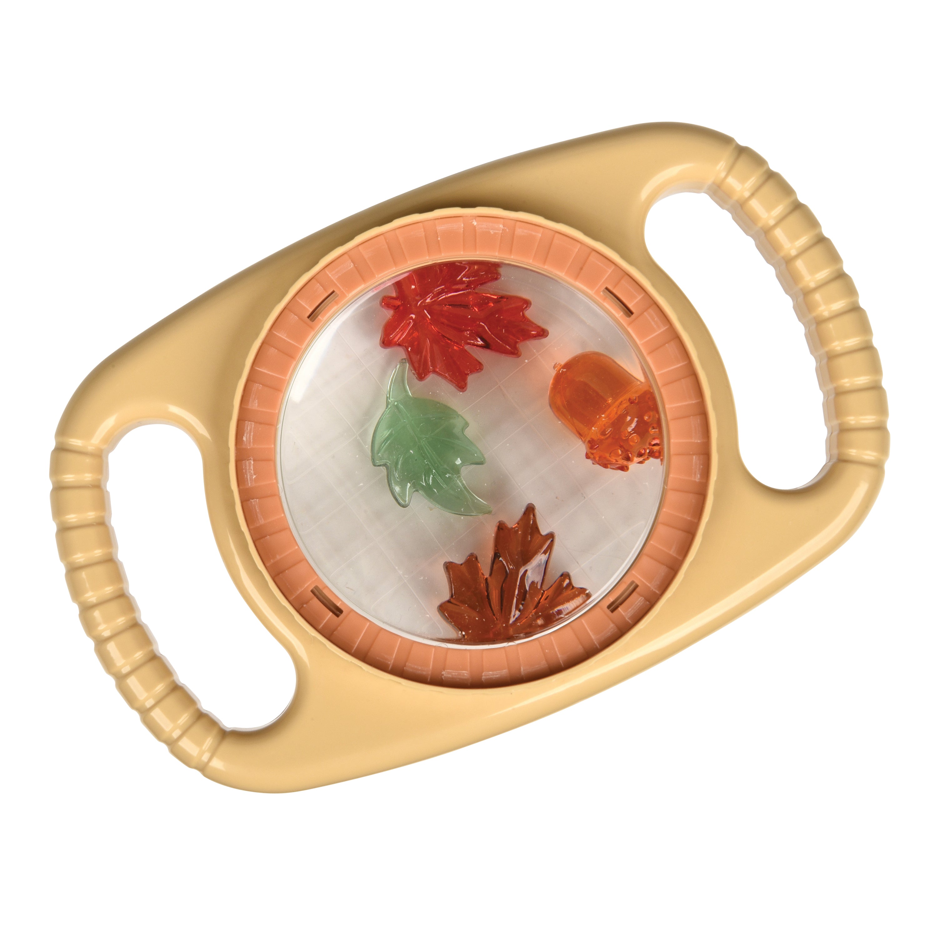Toy magnifier with colorful leaf designed toys on a white background