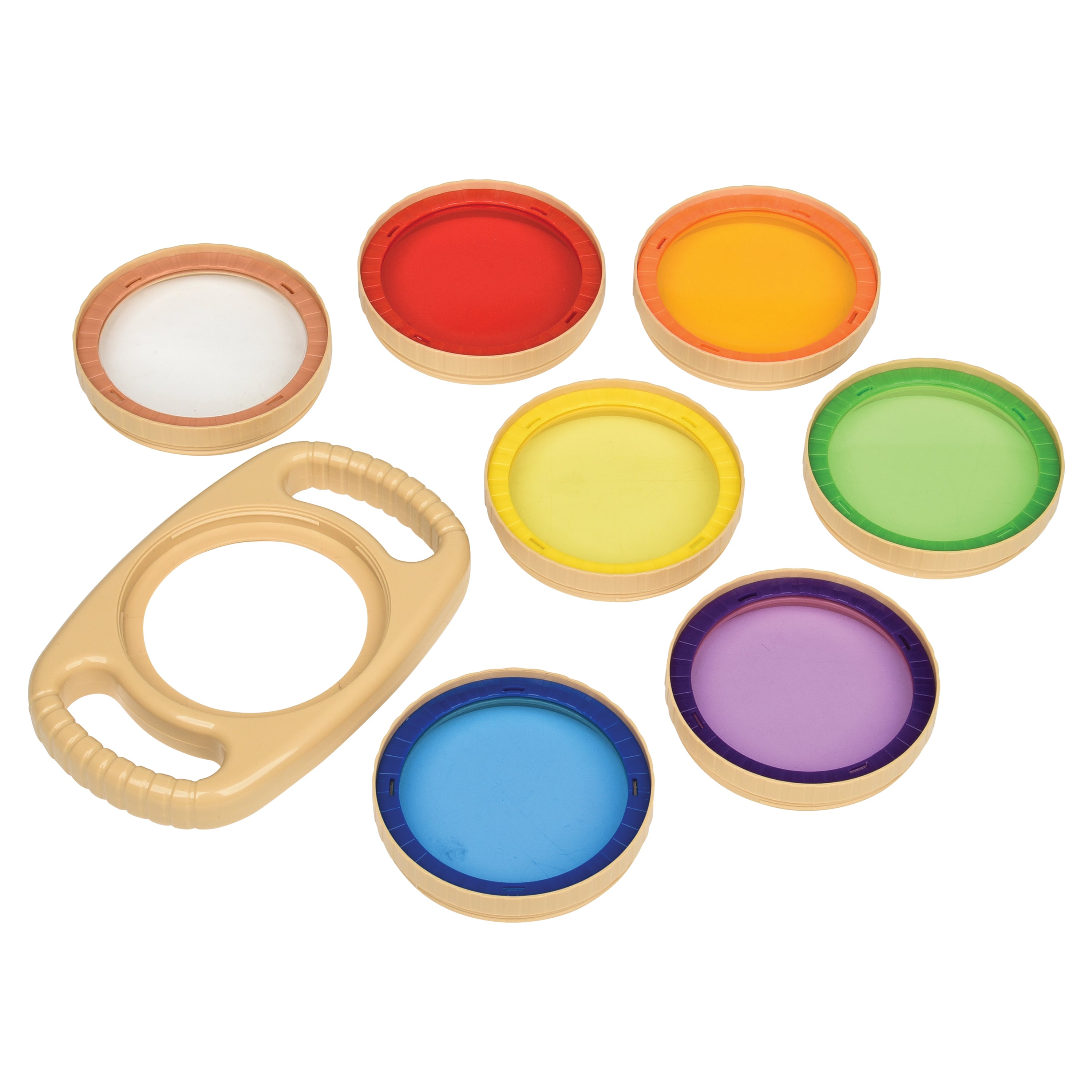 Set of colorful circular objects with a beige handle on a white background