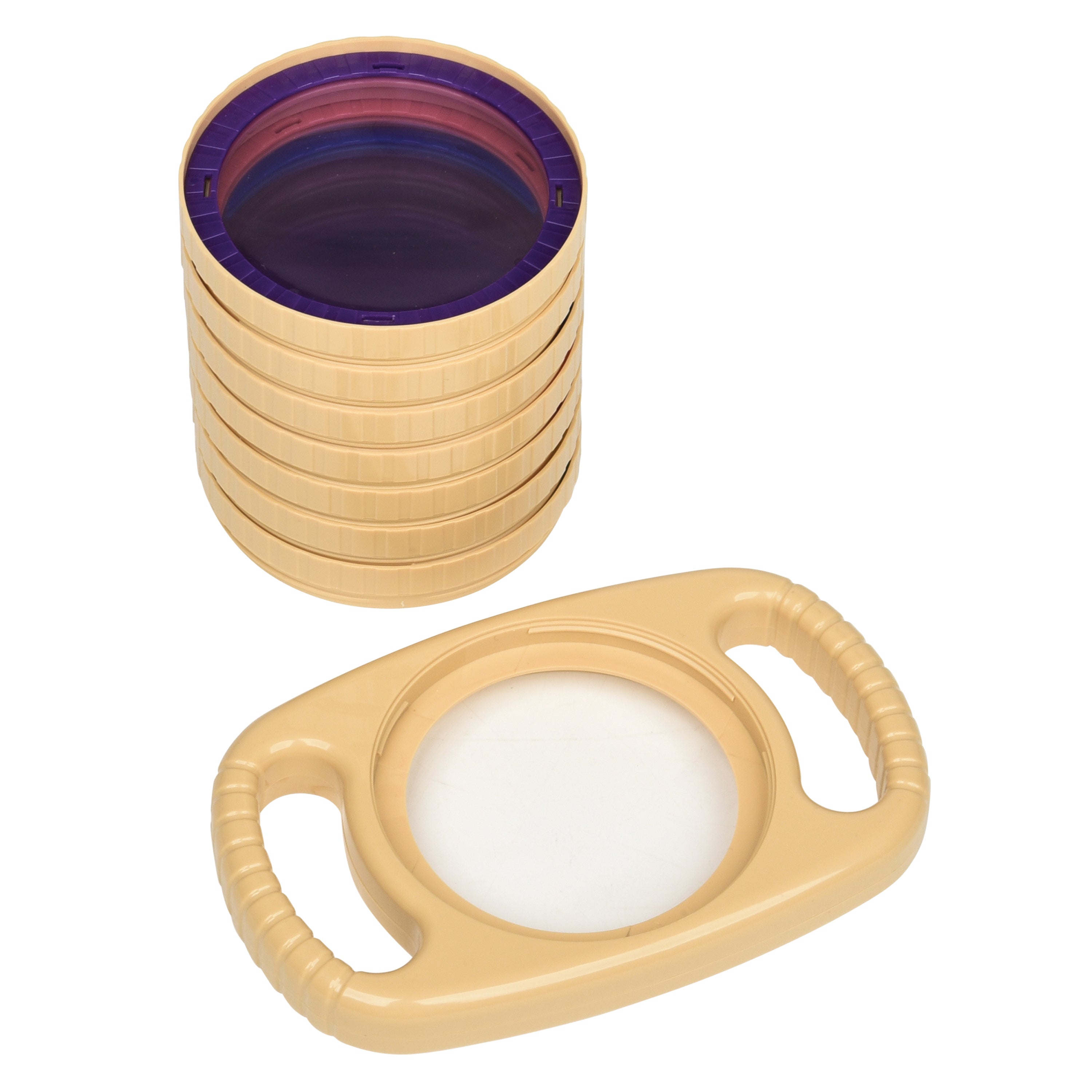 Stack of colorful lenses and beige viewer on a white background.