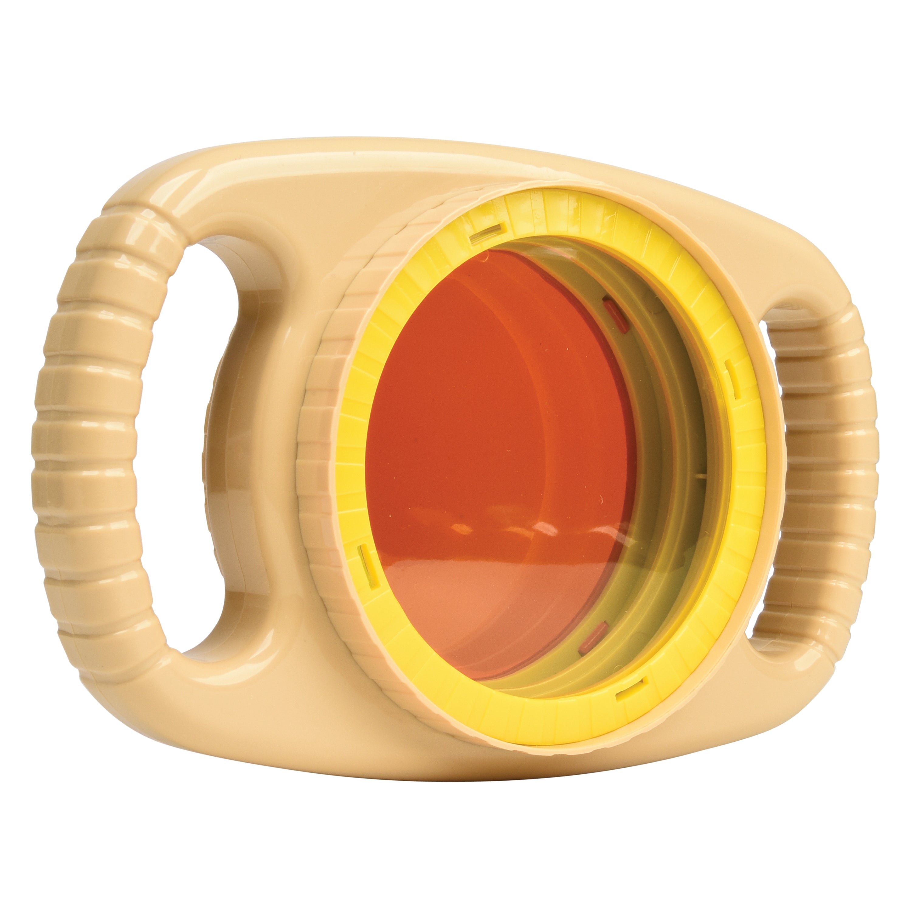 Beige and yellow object with a red center on a white background