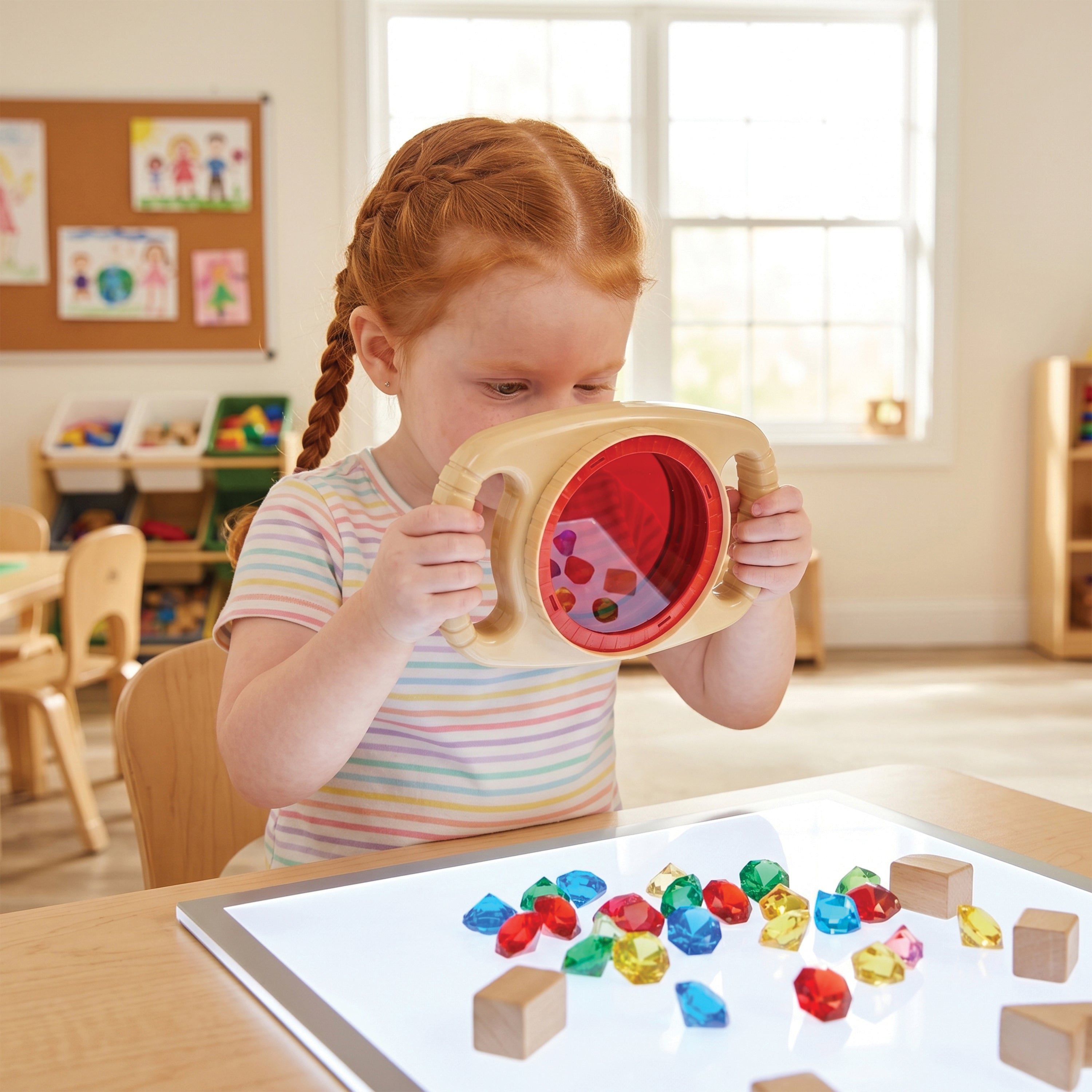 Child playing with educational toys in a classroom setting