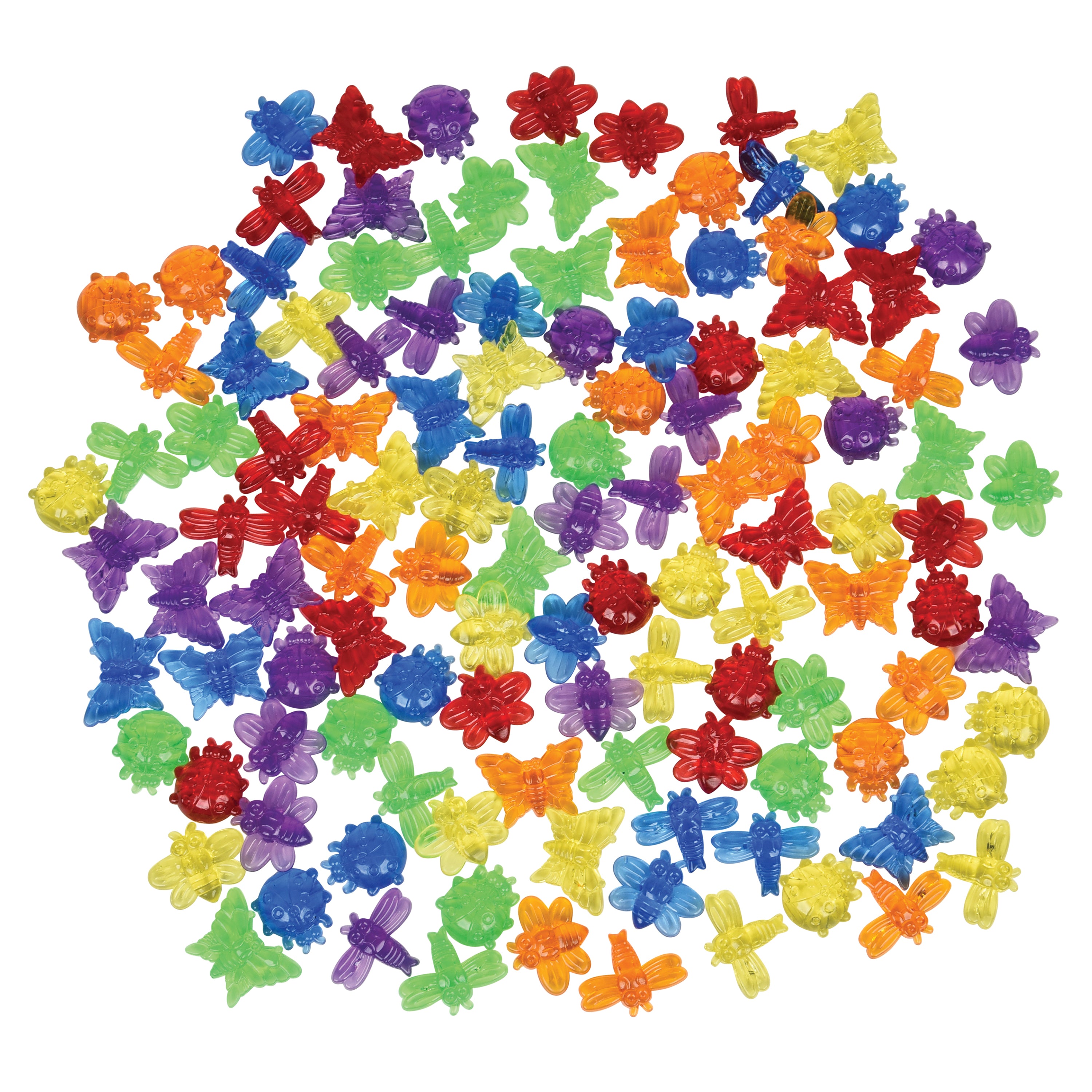 Assorted colorful plastic insects on a white background