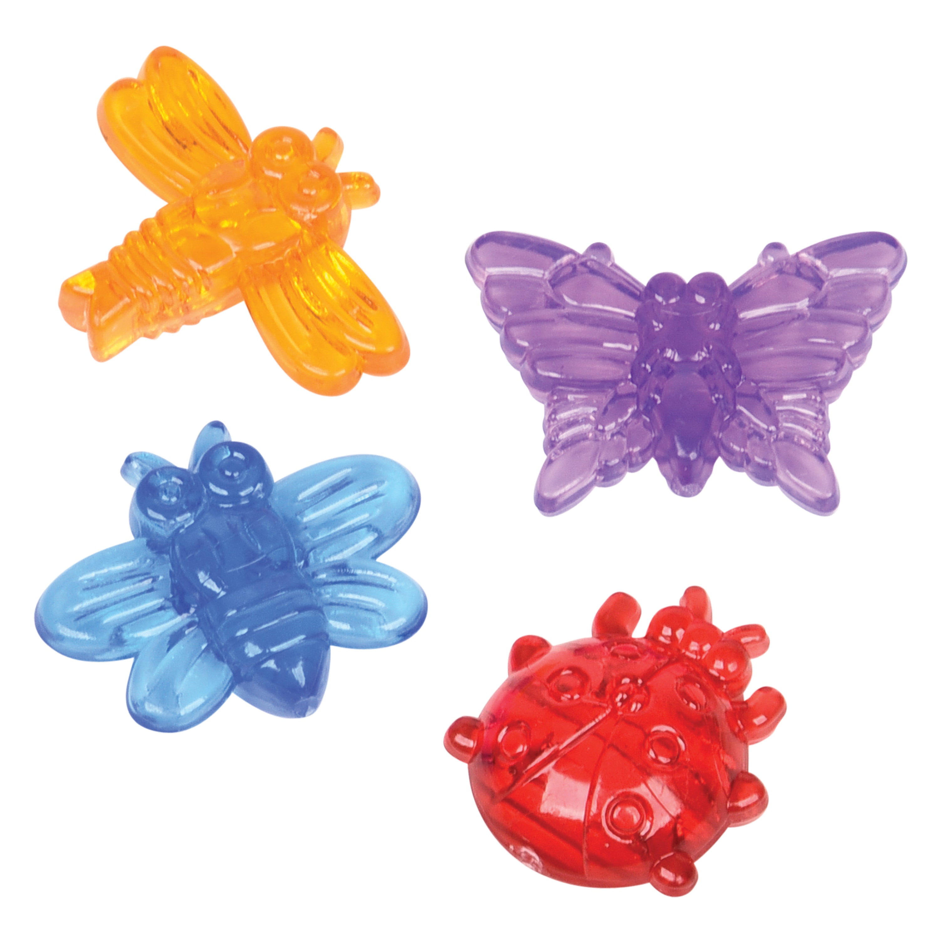 Four colorful transparent insect toys on a white background