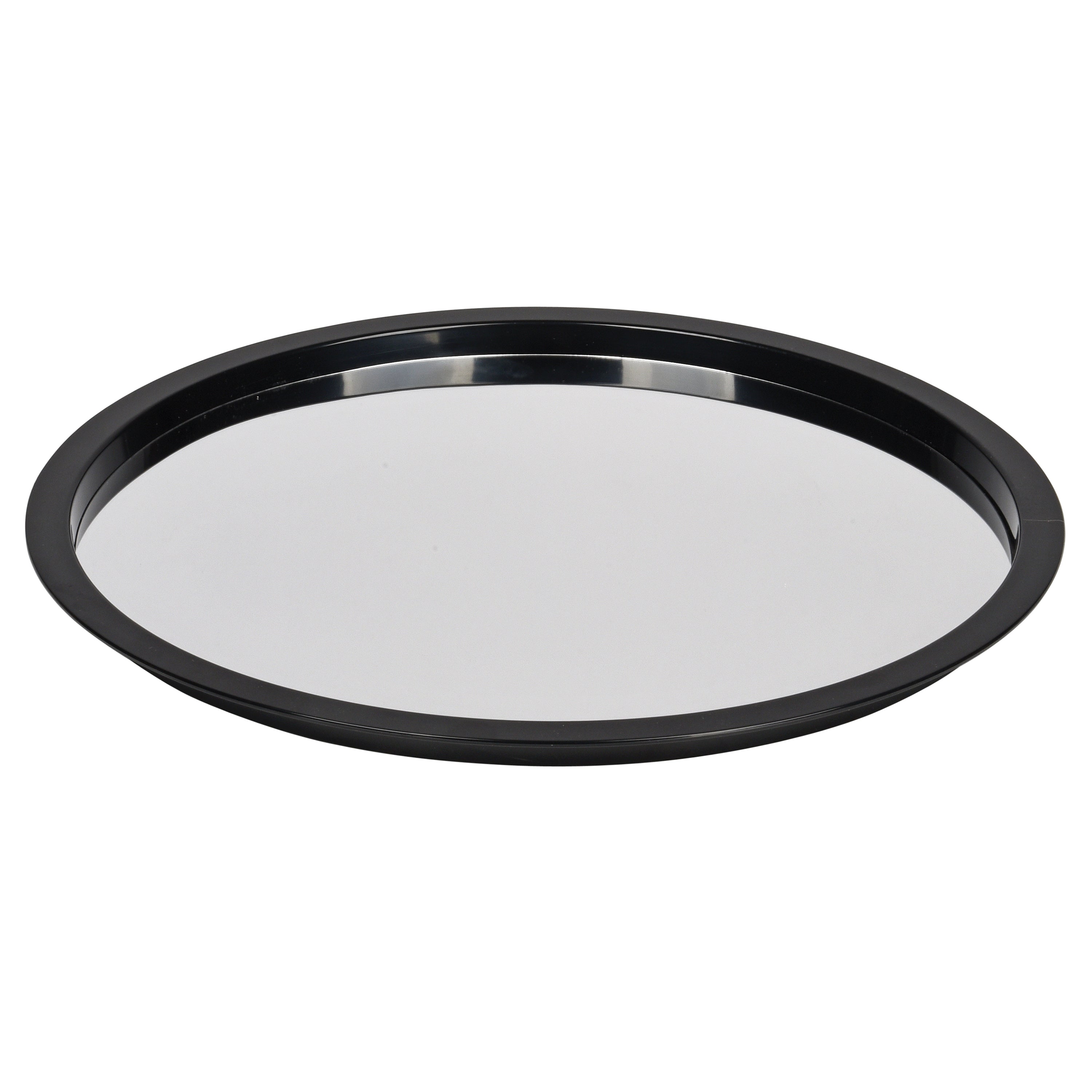 Round mirrored tray with black frame on a white background