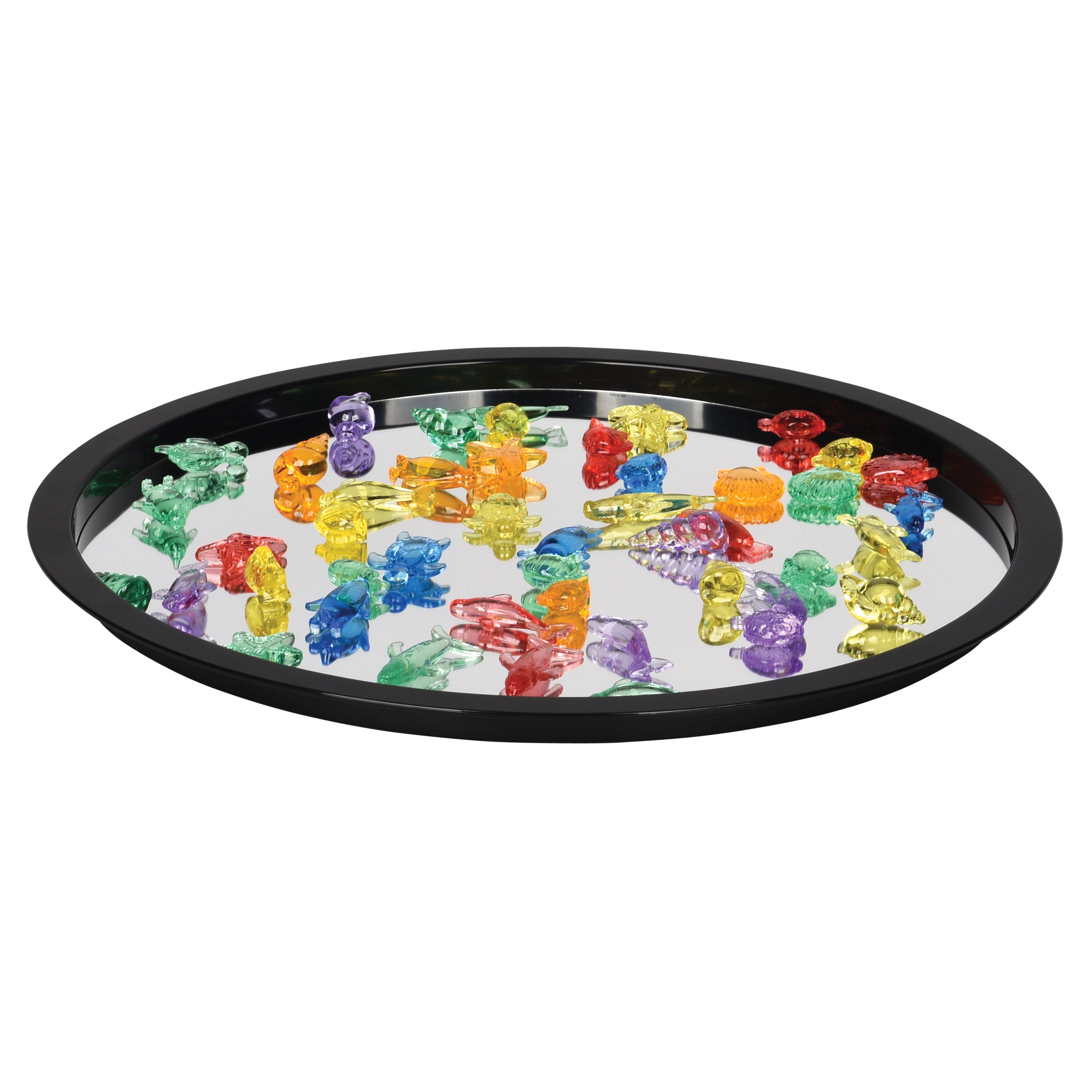 Colorful transparent figurines on a black tray with a white background