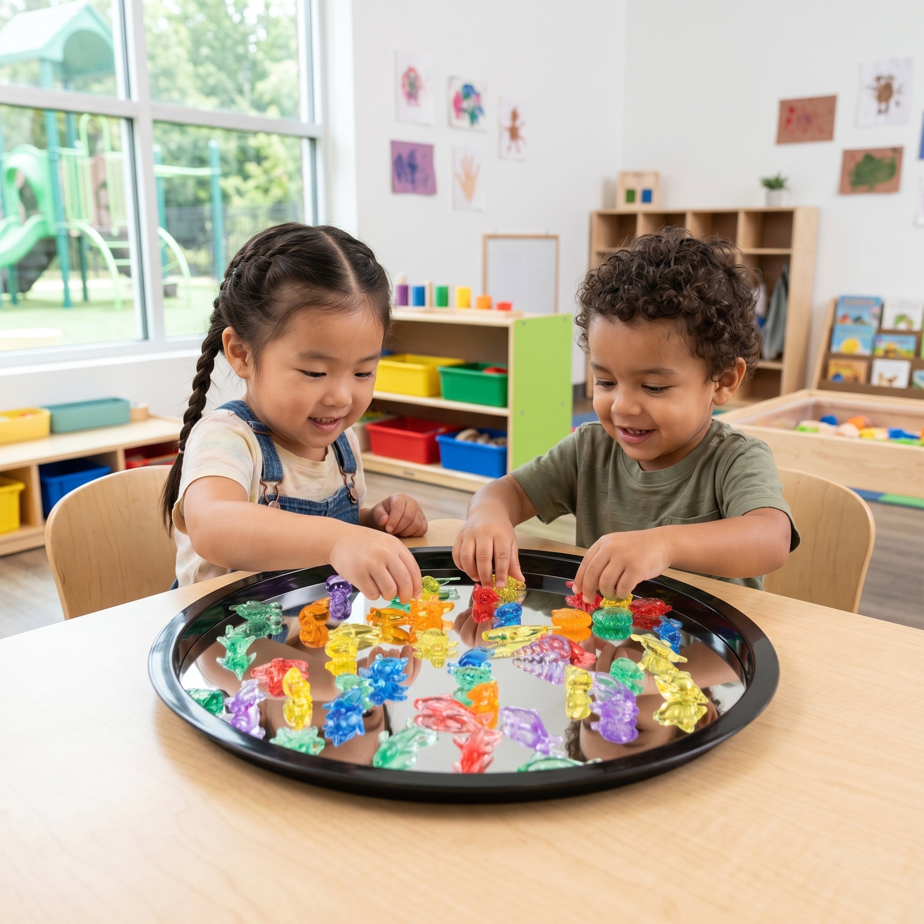 Two children playing with colorful bear figurines on a mirrored tray in a classroom setting.