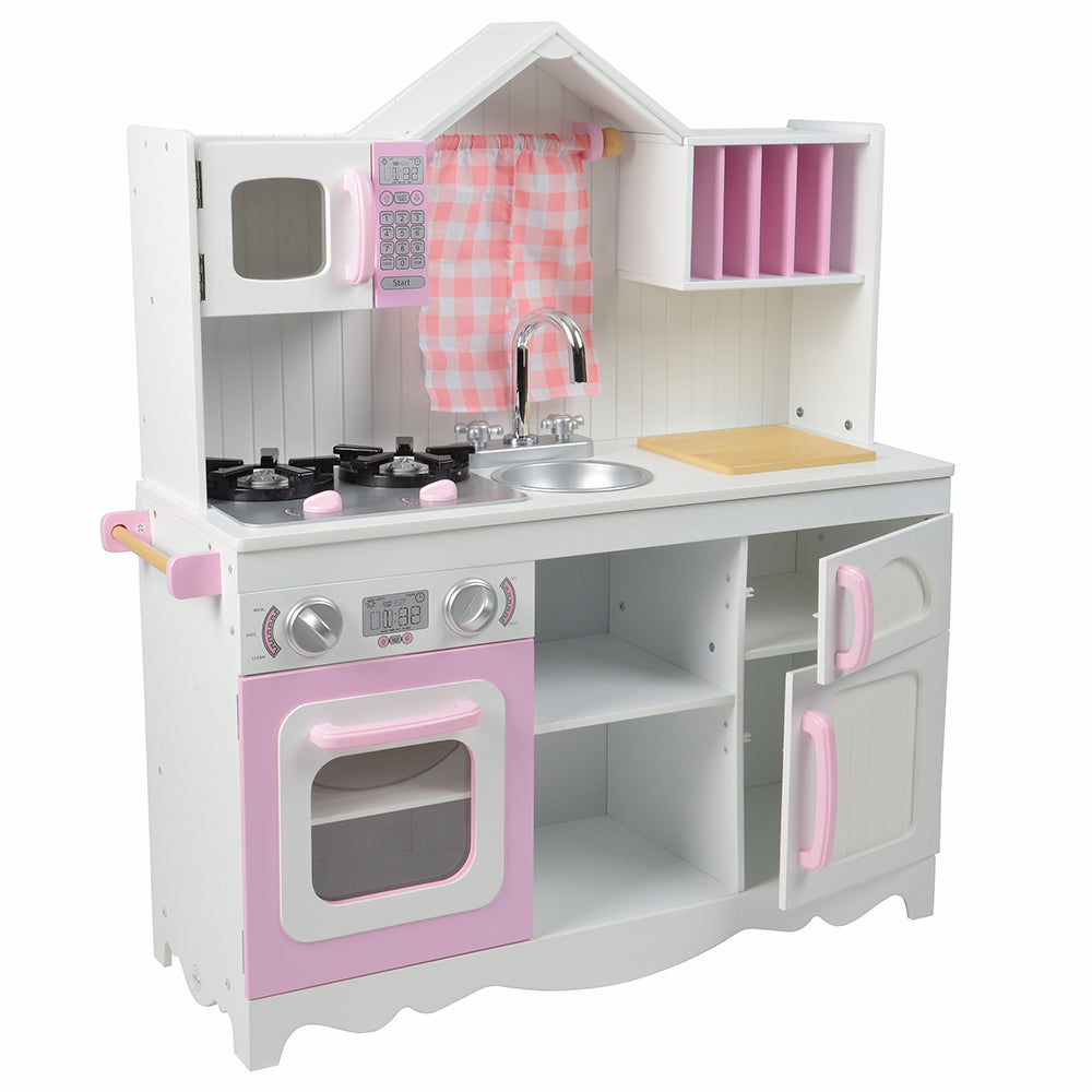 Wooden Play Kitchen with Burners, Sink & Curtains