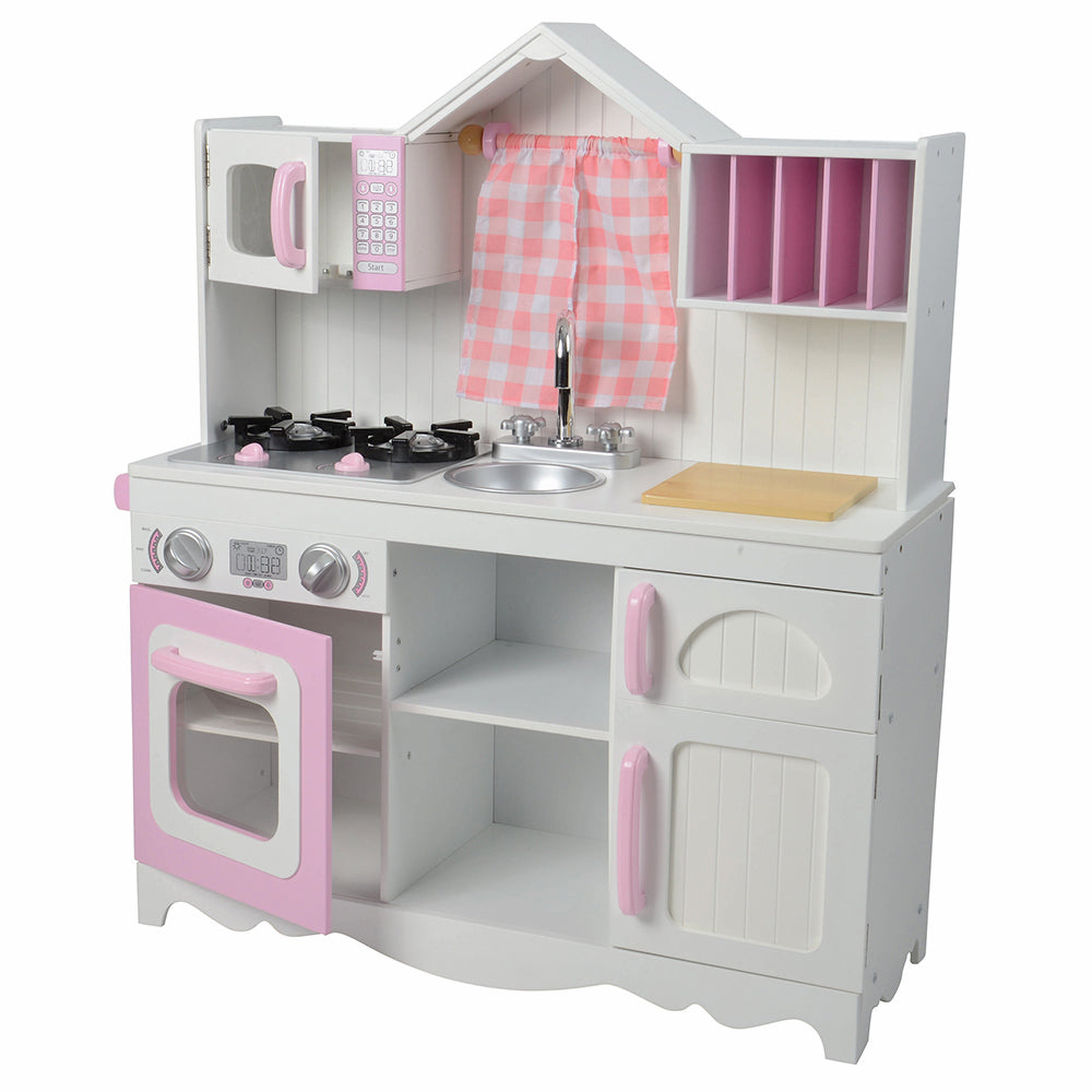 Wooden Play Kitchen with Burners, Sink & Curtains