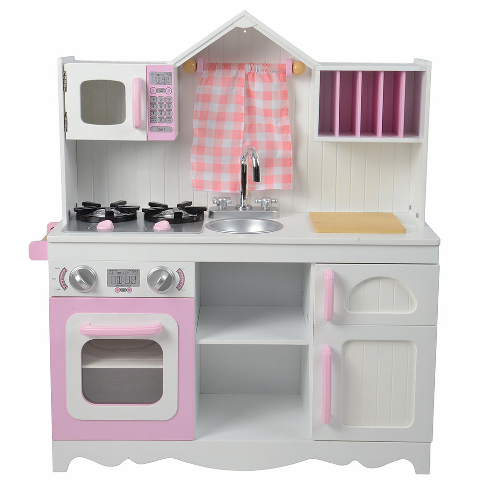 Wooden Play Kitchen with Burners, Sink & Curtains