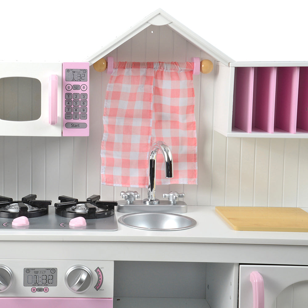 Pink & White Wooden Play Kitchen with Burners, Sink & Curtains