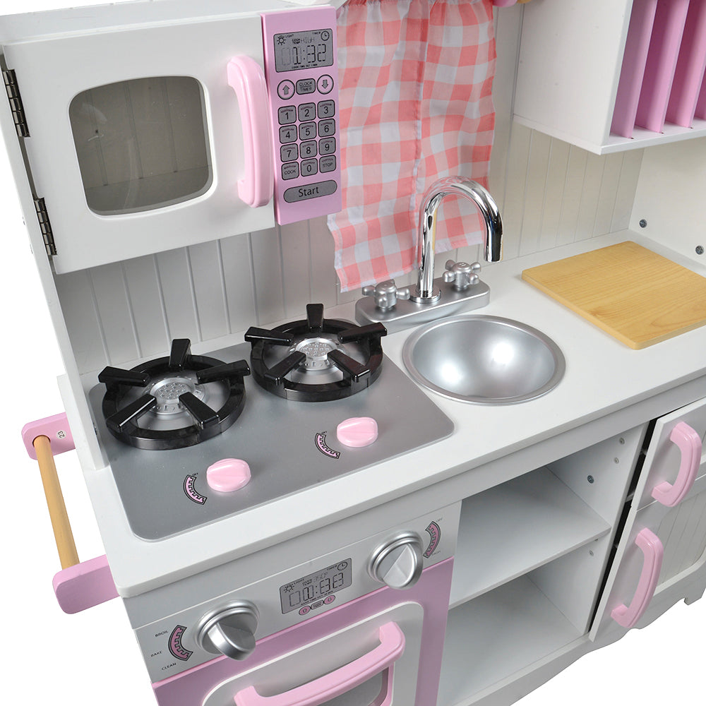 Close-up View of Sink & Burners on Wooden Play Kitchen