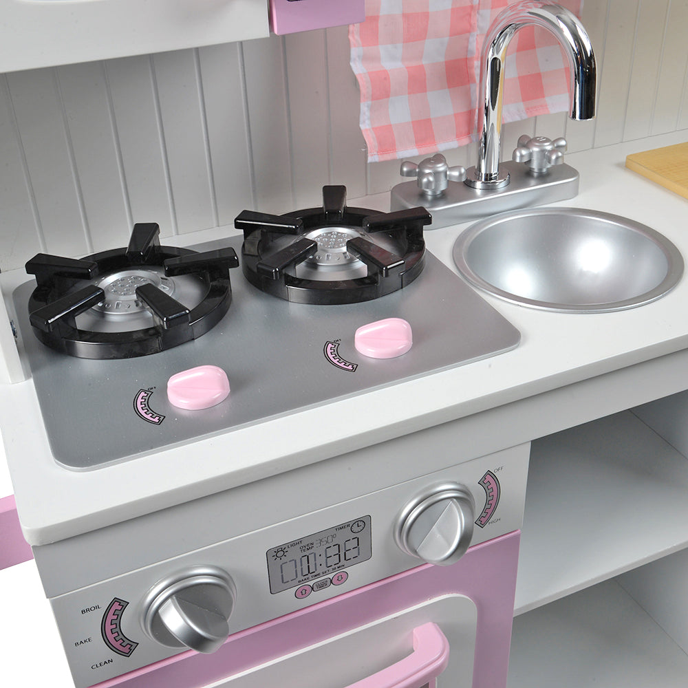 Close-up View of Sink & Burners on Wooden Play Kitchen