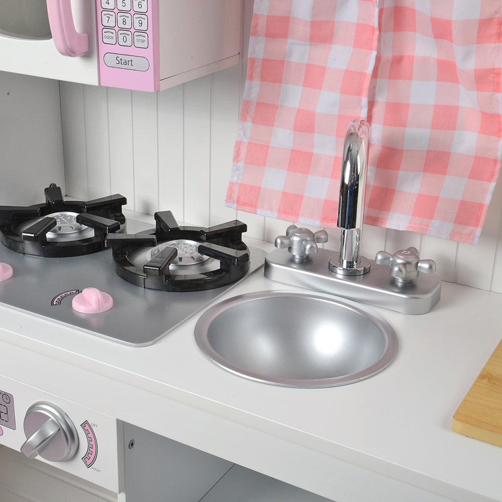 Close-up View of Sink & Burners on Wooden Play Kitchen