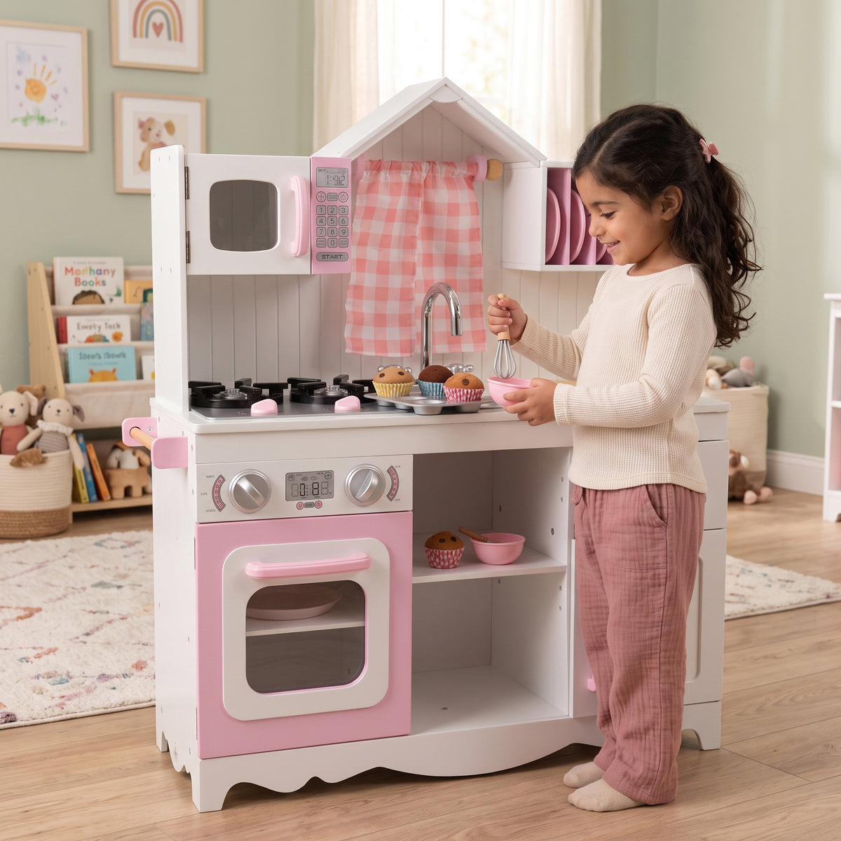 Wooden Play Kitchen with Burners & Sink – Preschool Dramatic Play Kitchen