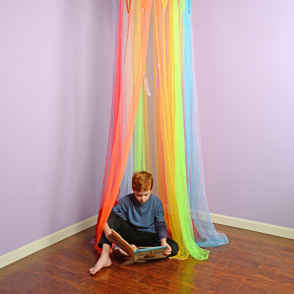 Rainbow Retreat Reading & Play Canopy | 8' Tall with Tie-Back Entrance & Colorful Netting