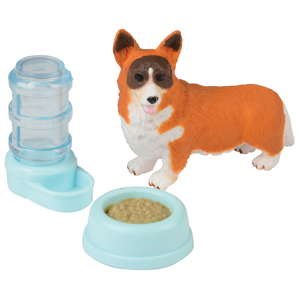 Plastic Dog Figure with Food & Water Bowls