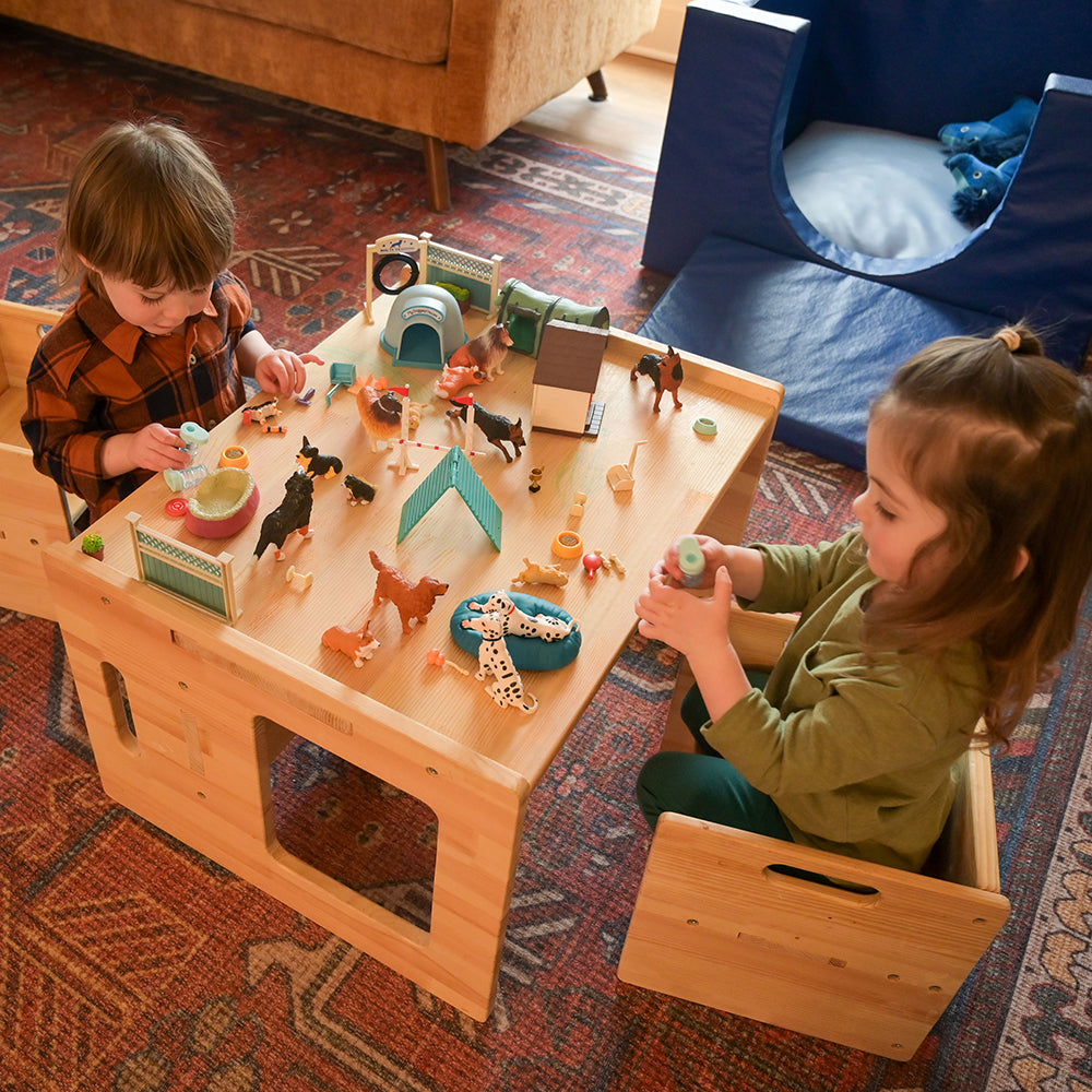 Two Toddlers Playing with Dog Academy Training & Agility Playset