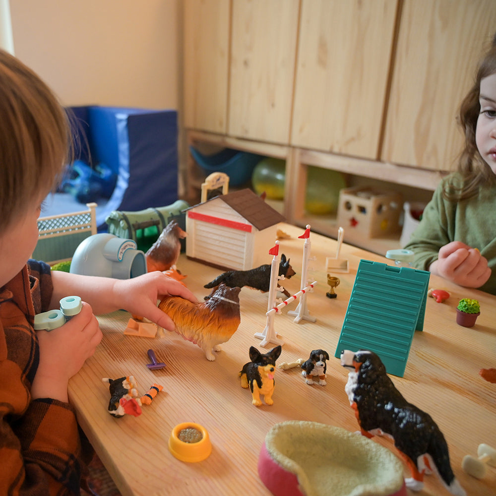 Two Toddlers Playing with Dog Academy Training & Agility Playset