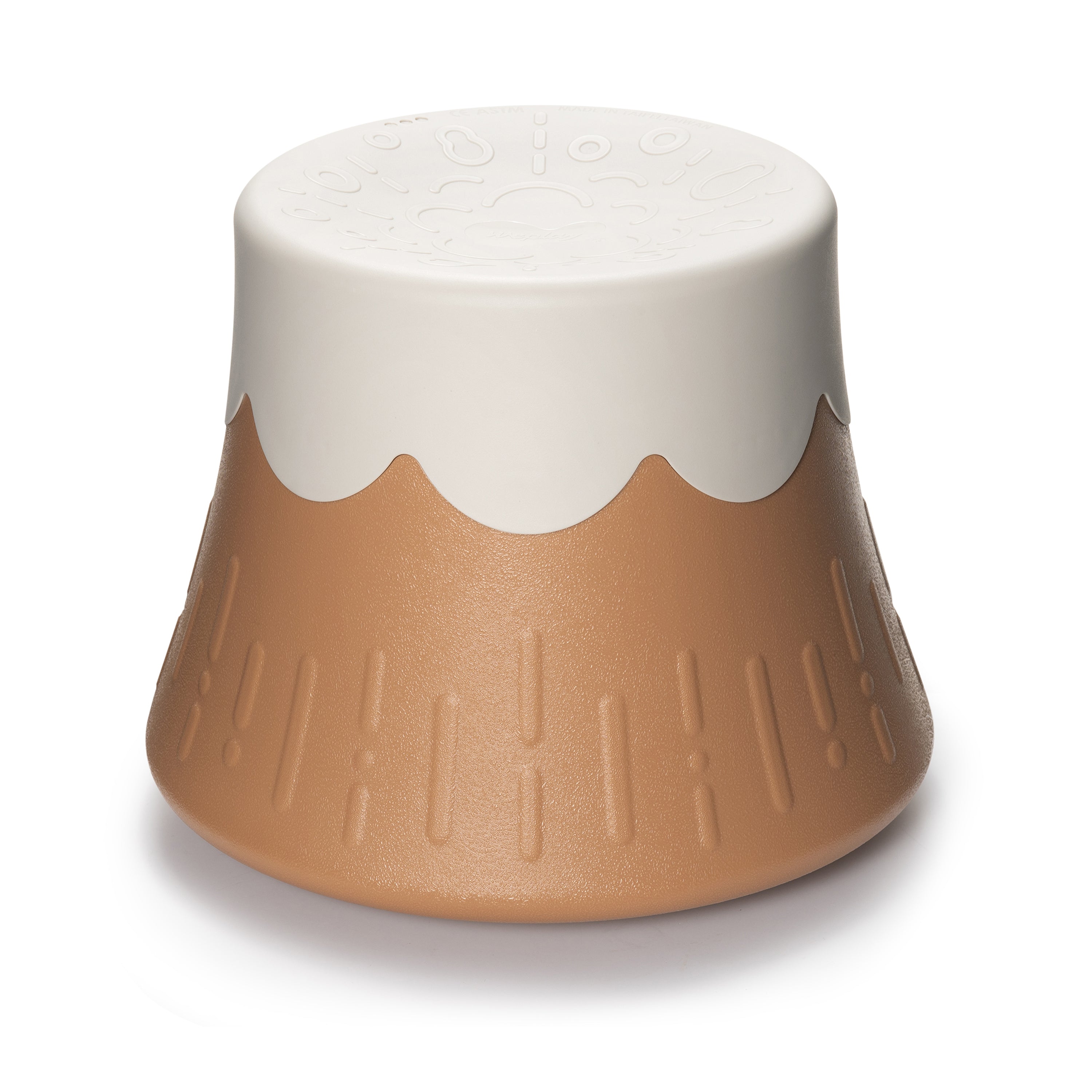 Round stool with a white top and brown base on a white background