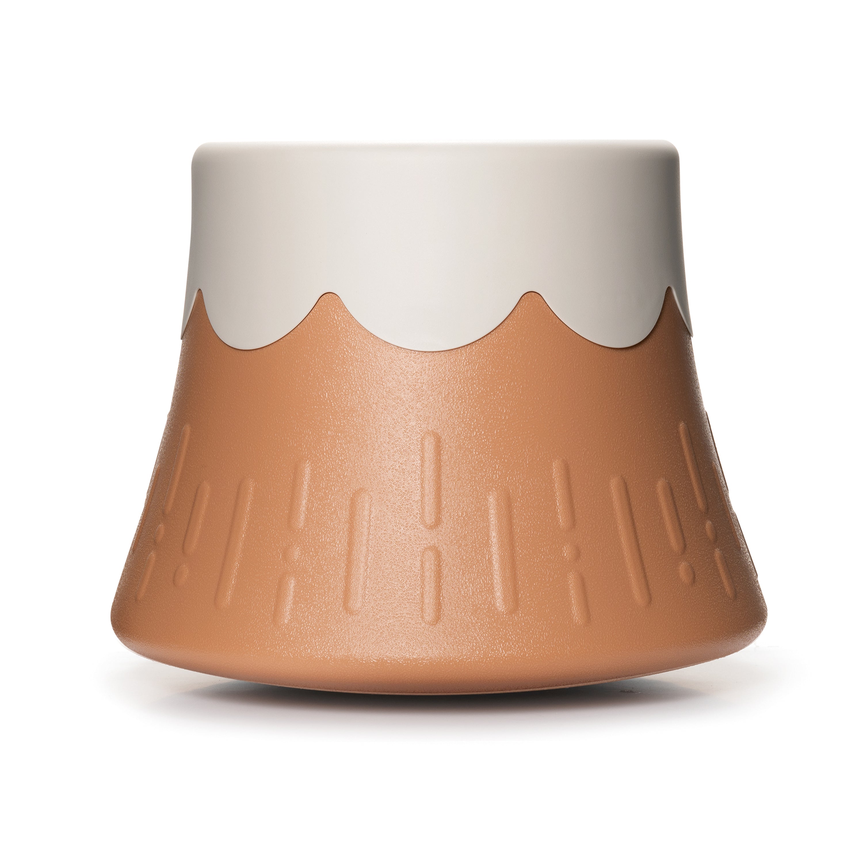 Plastic volcano chair with white top and brown textured bottom on a white background