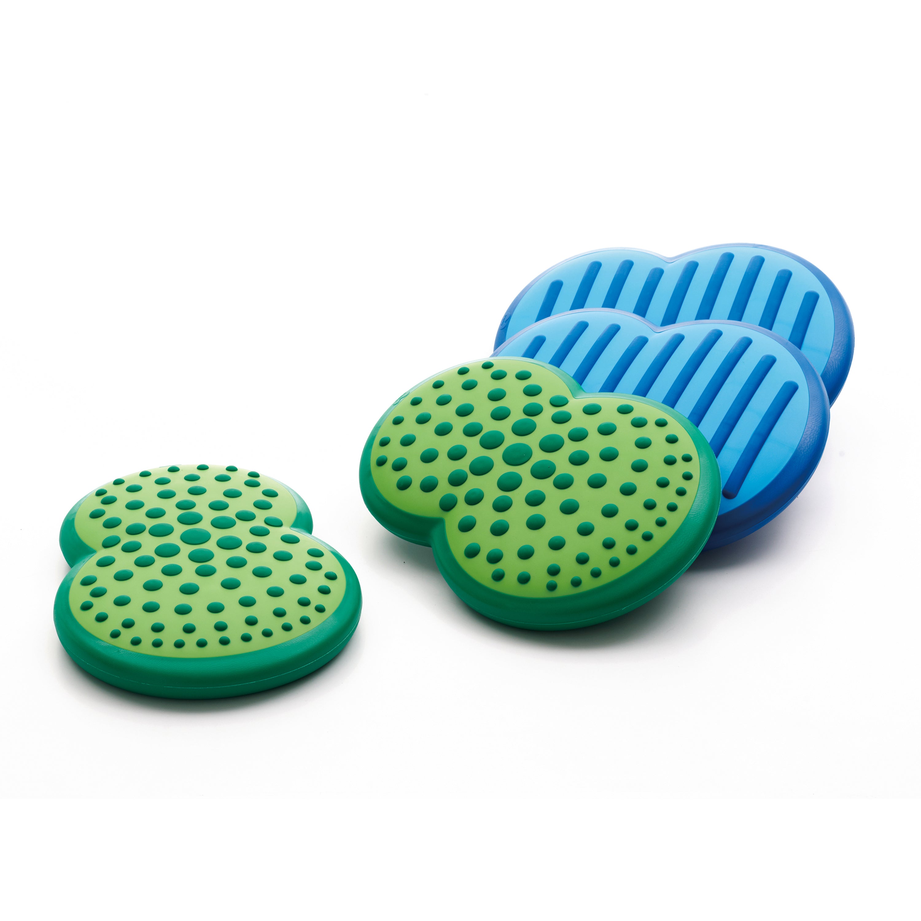 Four green and blue textured stepping stones on a white background