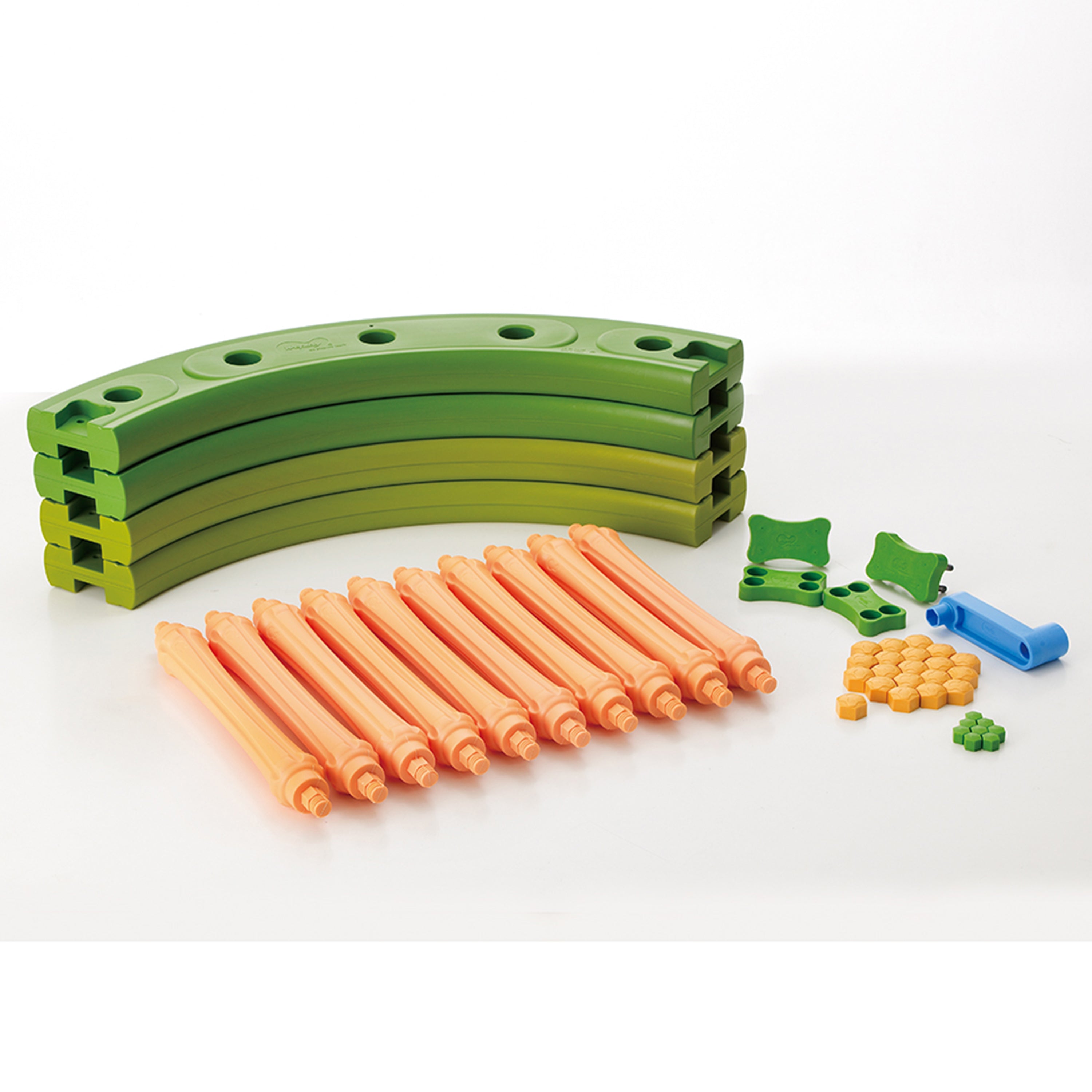 Toy building blocks with green curved piece, orange straight pieces, and small green and blue connectors on a white background.
