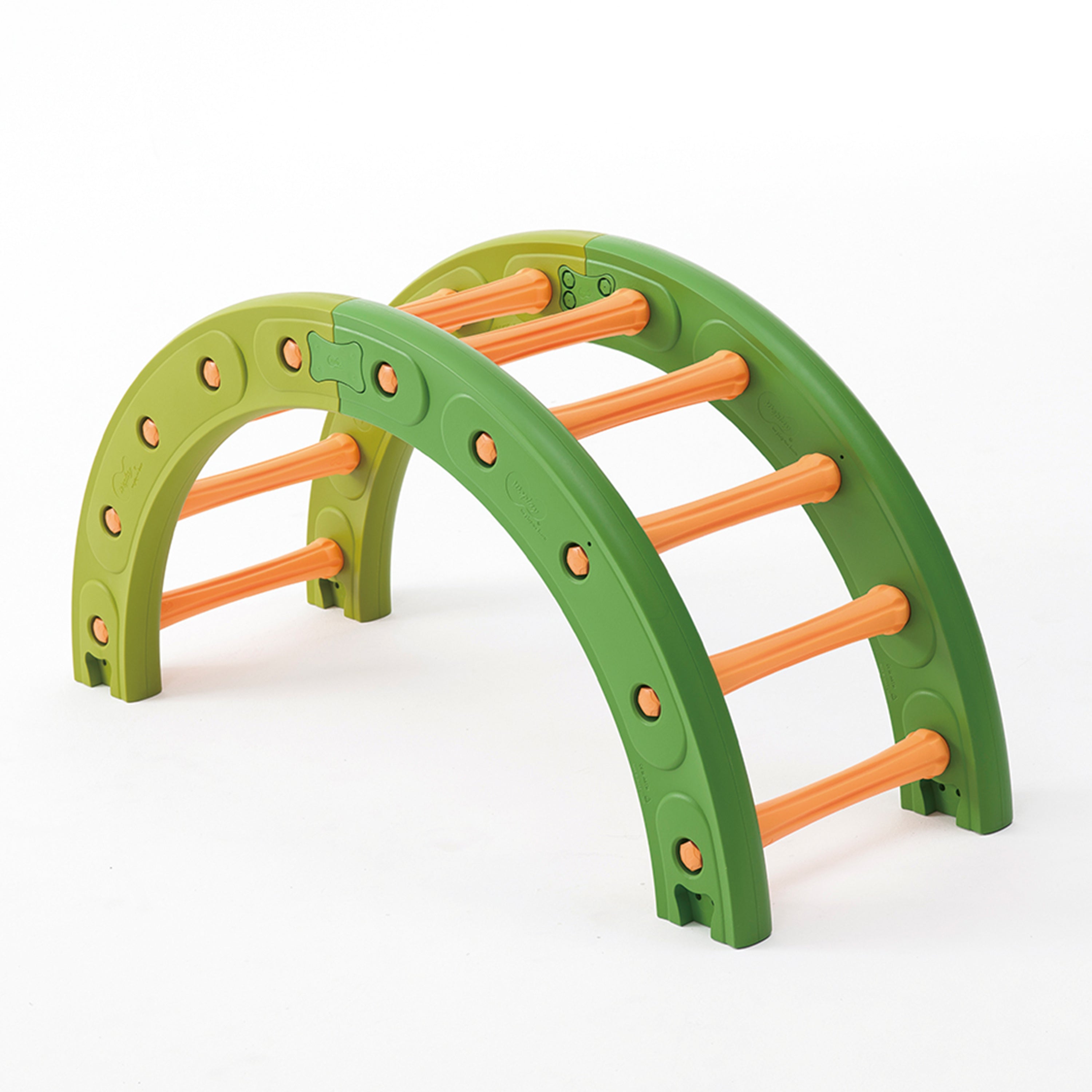 Green and orange arch-shaped toy structure on a white background