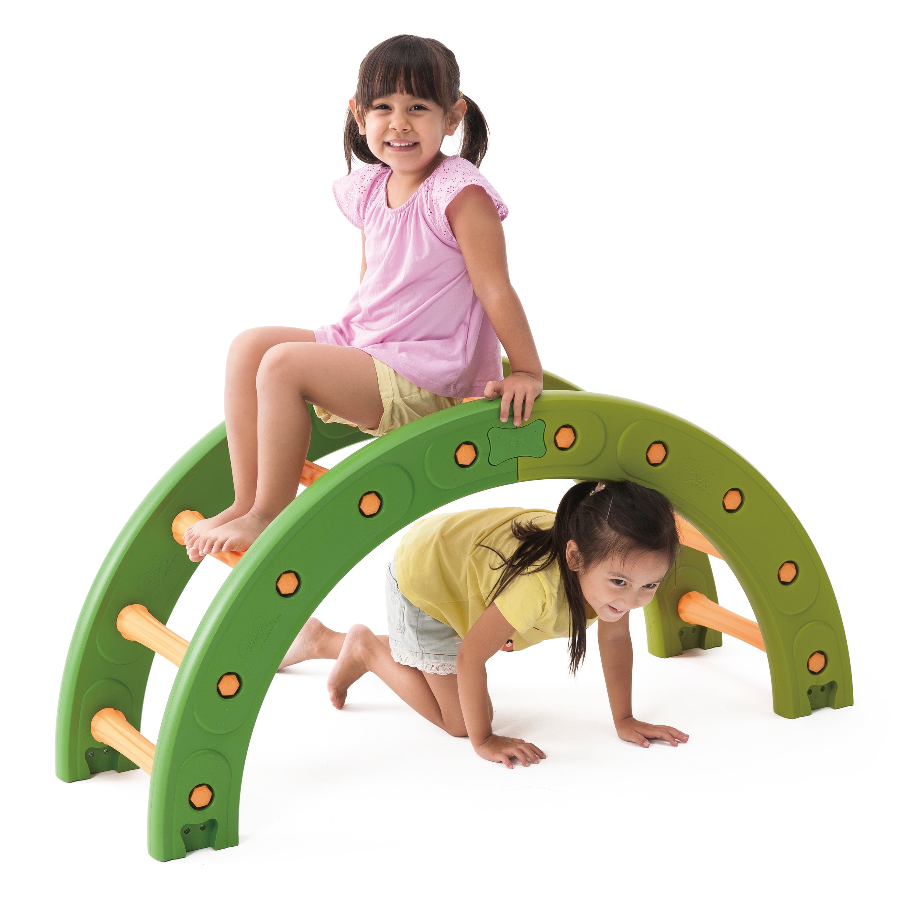 Two children playing on a green and orange playground arch