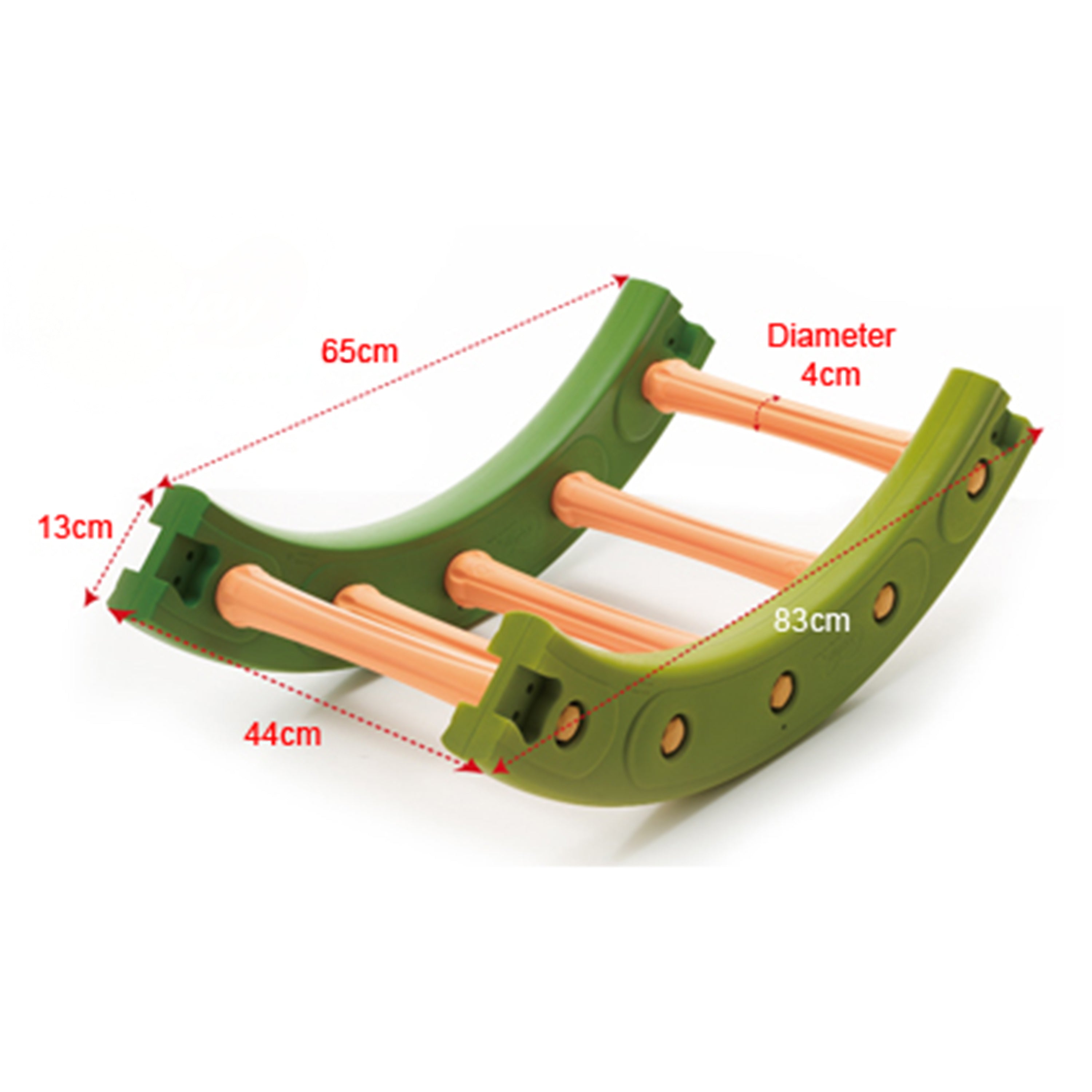 Green and orange climber with measurements on a white background