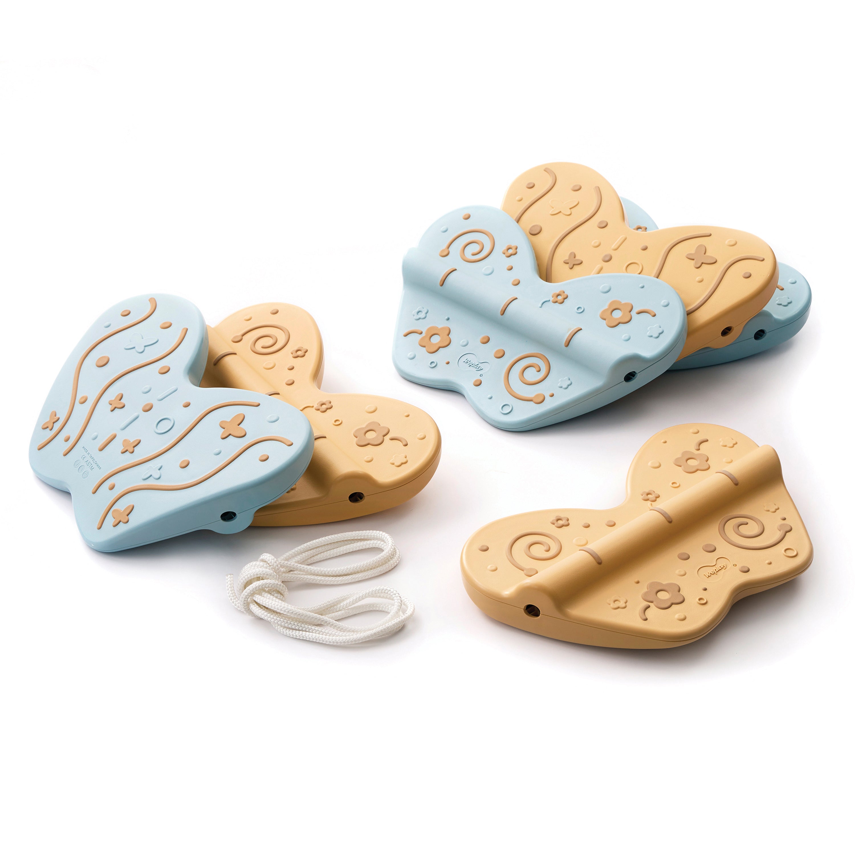 Set of blue and beige balancing boards on a white background