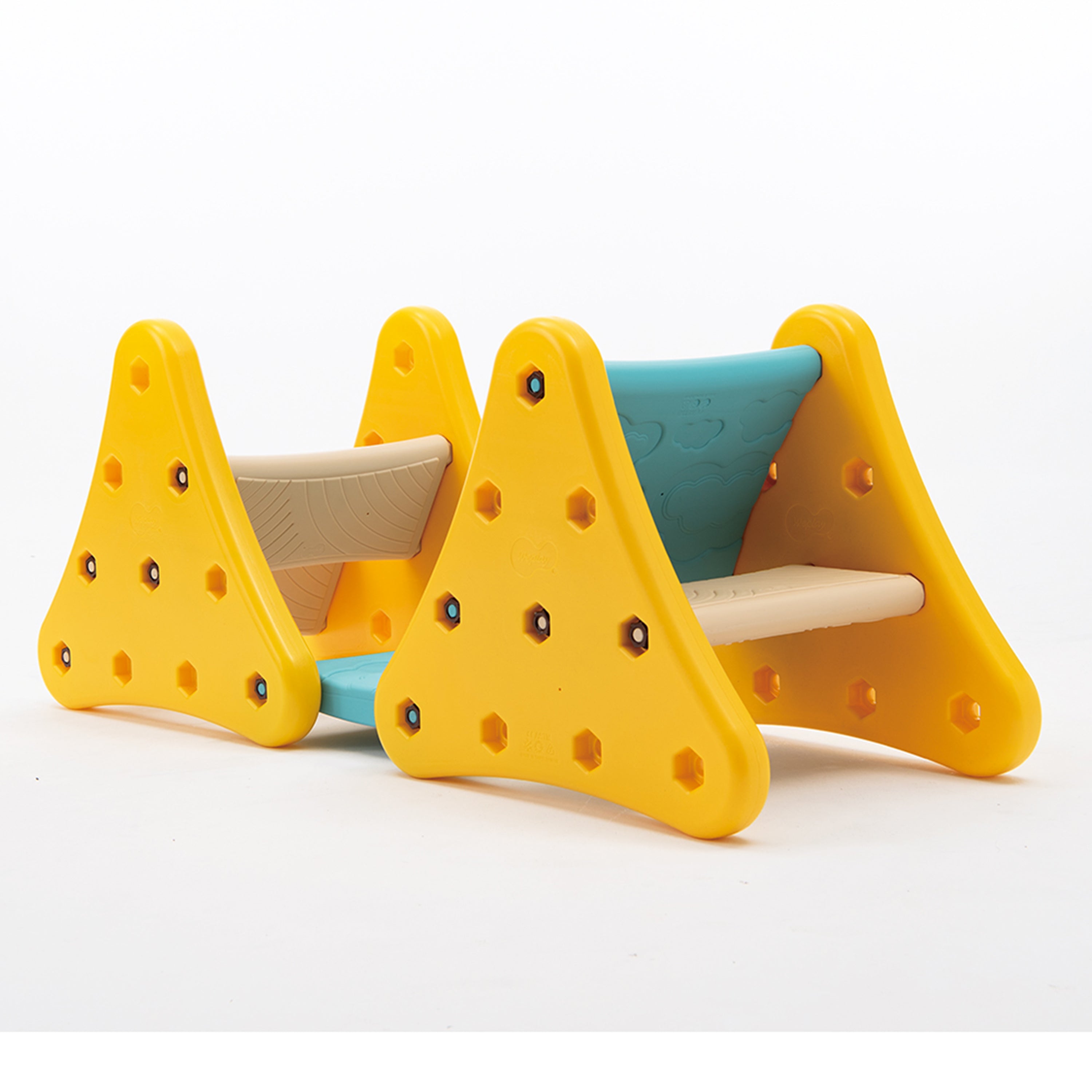 Children's play equipment with yellow triangular structures and blue platforms on a white background