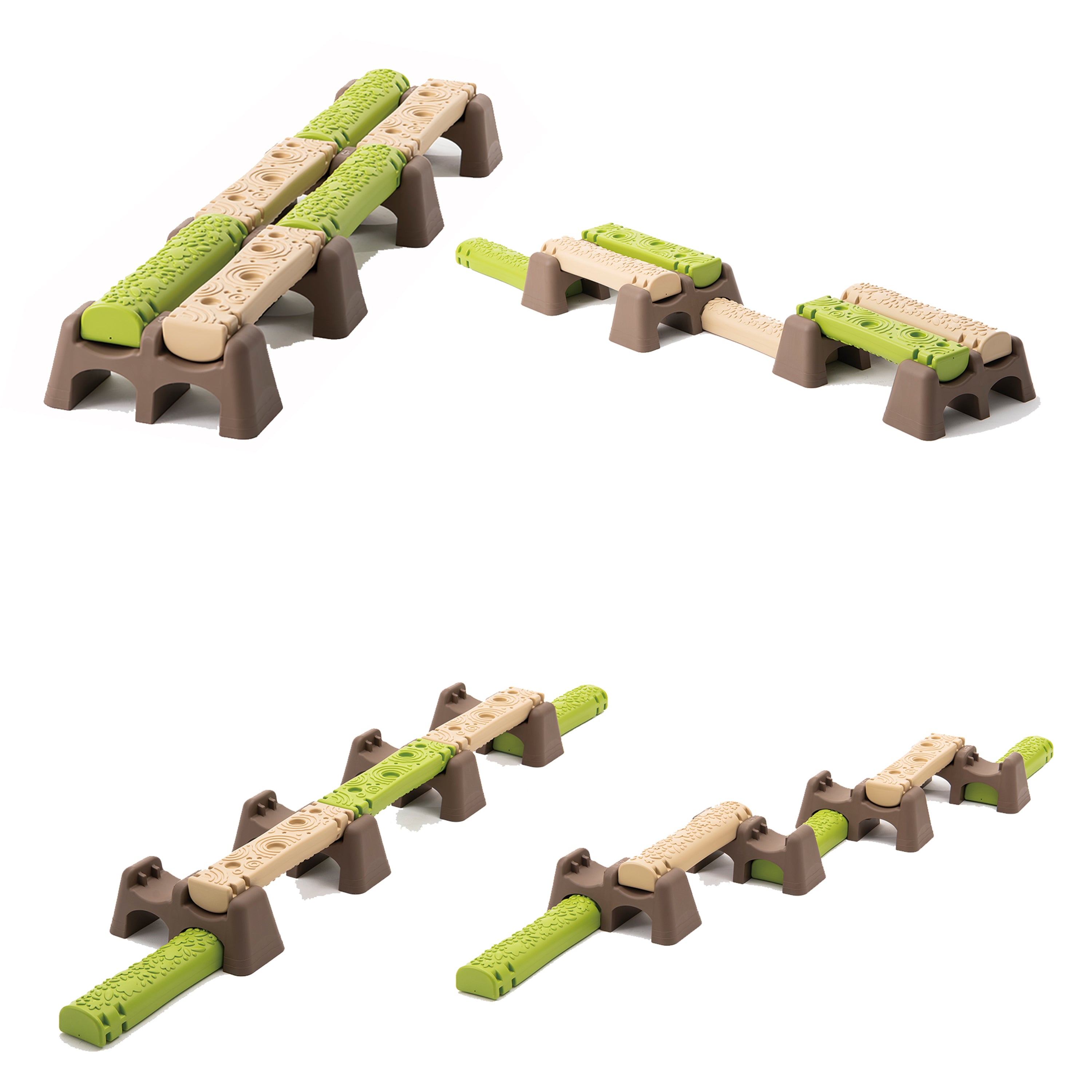 Set of animal playground structures with green and brown colors on a white background