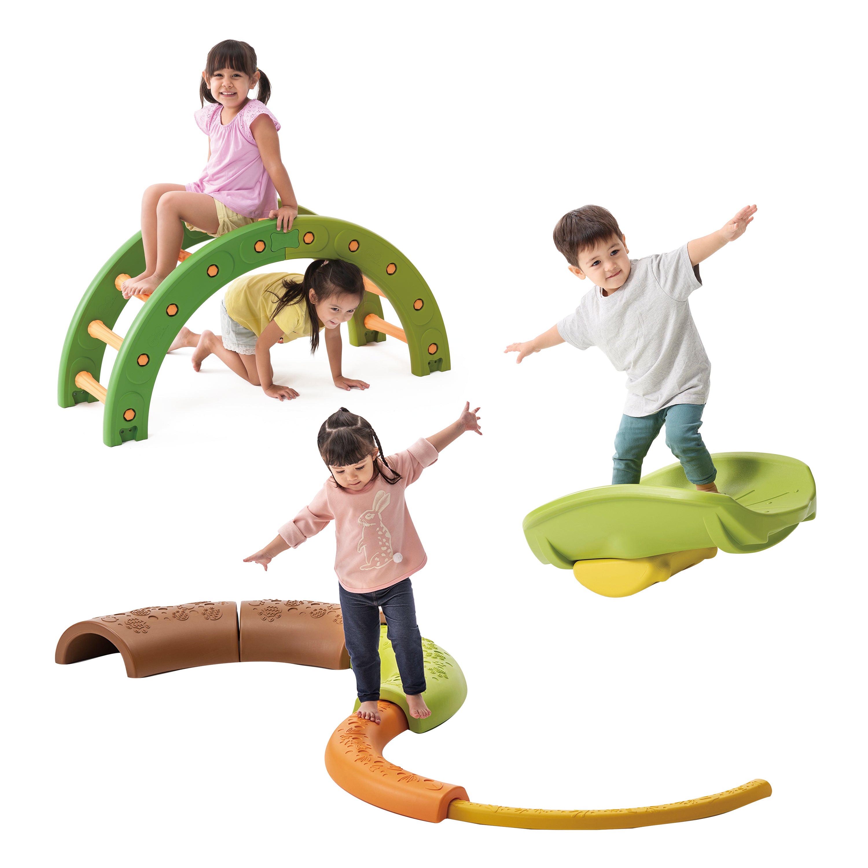 Children playing on a colorful play structures with balancing paths and climbers